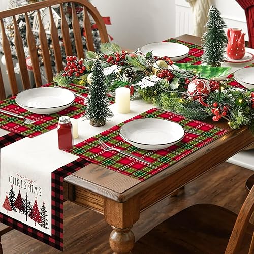 Miniatura 6 de Ohok Juego de 4 manteles individuales navideños de 12 x 18 pulgadas, para decoración de fiestas y comedor (cuadros rojos y verdes navideños)