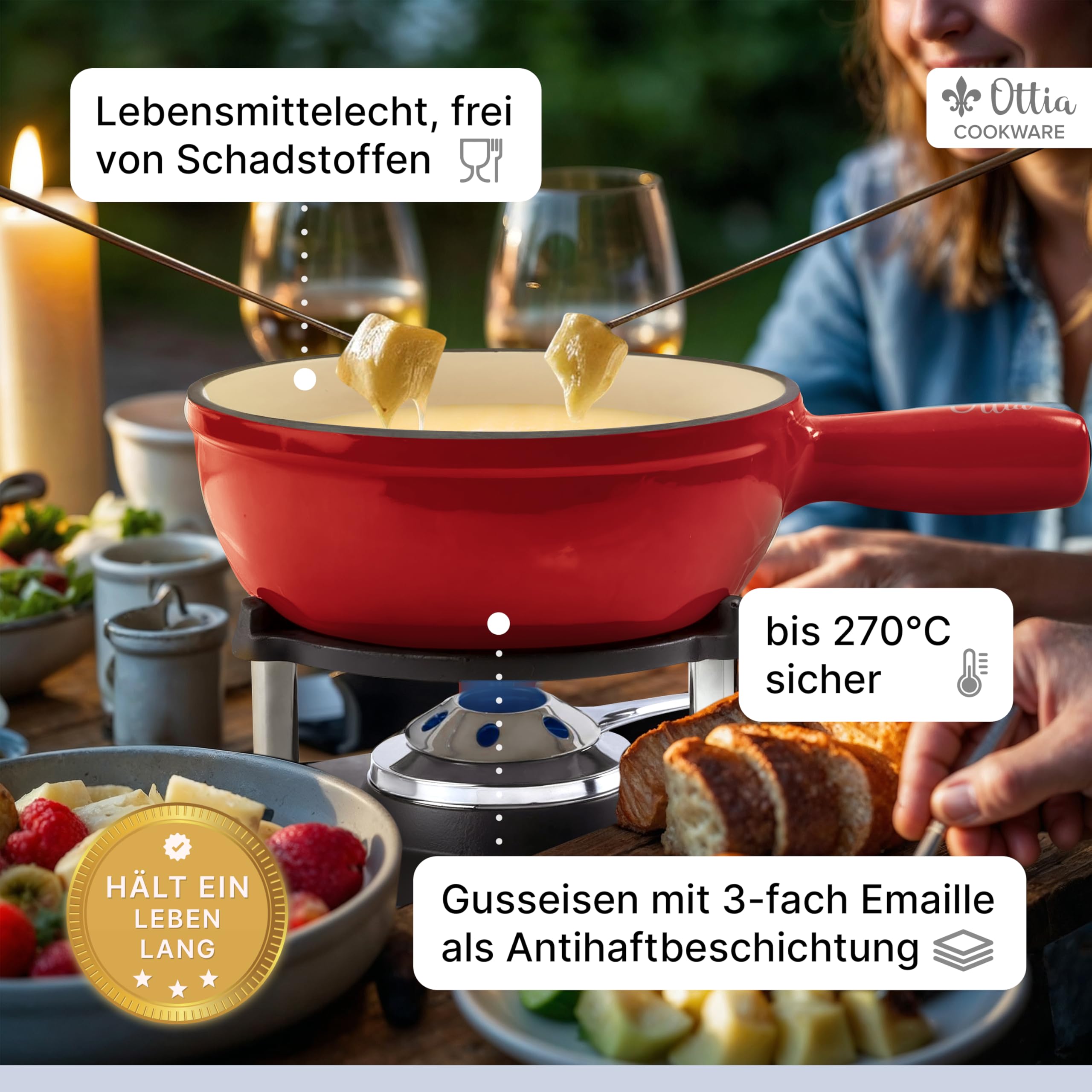 Ottia Fondue Set für 2, 3, 4, 5, 6 Personen aus Gusseisen & Emaille. Als Käsefondue, Fleischfondue, Schokofondue. Induktion geeignet, Schadstofffrei, mit Brenner+Gabeln+Rezeptbuch, Fondü-Set aus HH