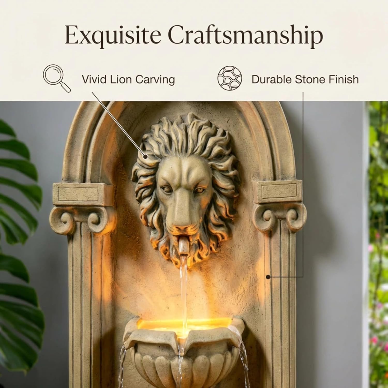 Majestic Lion Head Outdoor Water Fountain, 2-Tier Faux Bronze Floor Baroque Style with LED Lightswith LED Lights, Waterfall Fountains Fit Outside, Garden, Patio