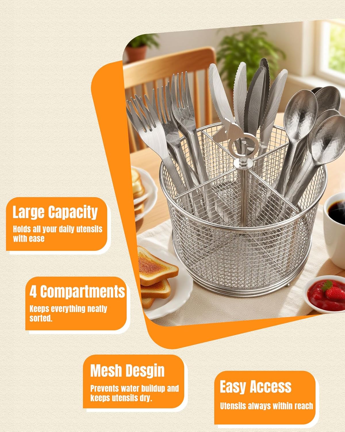 360° Rotating Utensil Caddy, 304 Stainless Steel 4 Compartment Utensil Holder Kitchen Countertop Silverware Flatware Organizer, Cutlery Holder with Pony Handle for Party Buffet Picnic Camping Outdoor