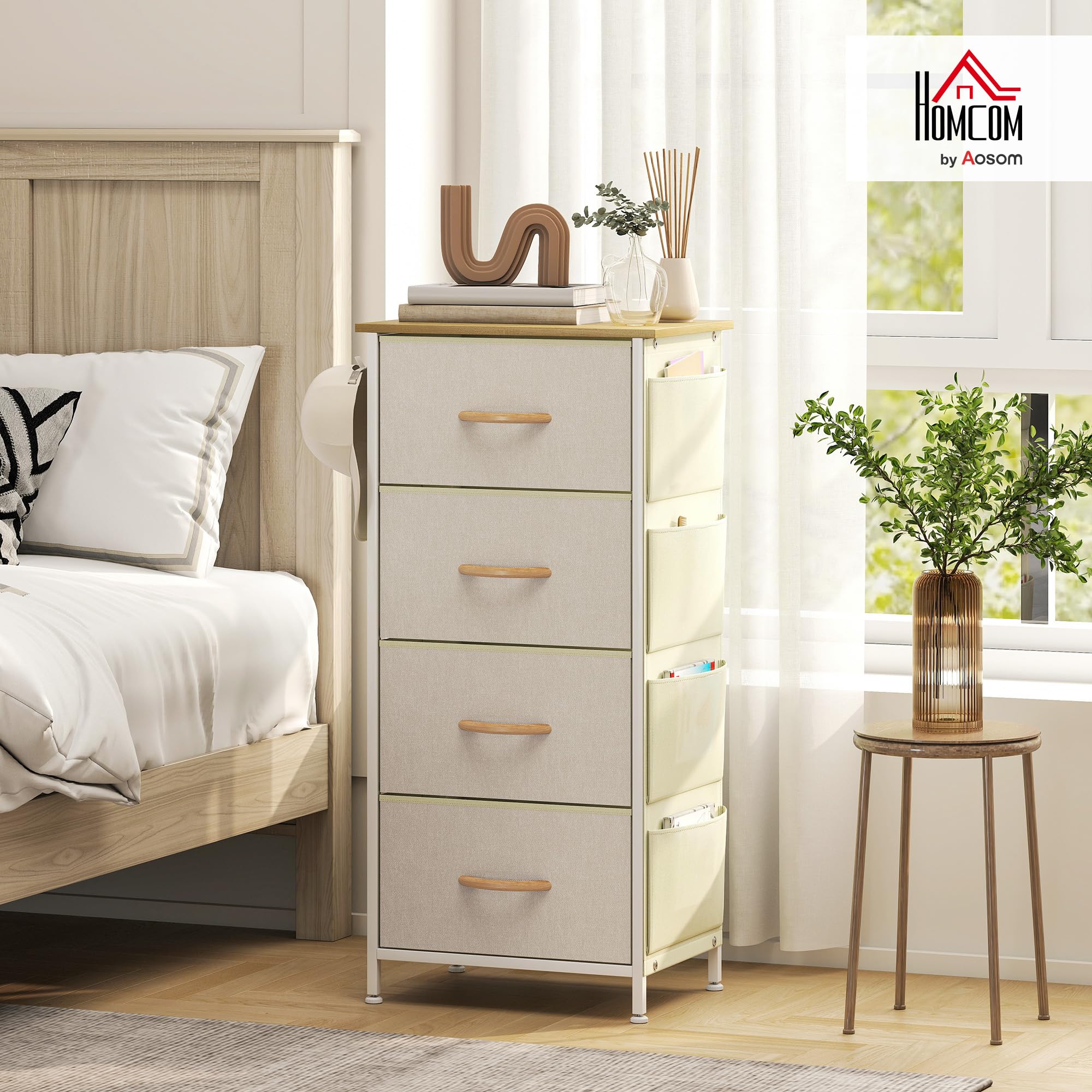HOMCOM Cajonera de Tela Alta Cómoda con 4 Cajones 4 Bolsillos Laterales 2 Ganchos y Estructura de Acero Cómoda para Dormitorio Sala de Estar Pasillo Beige