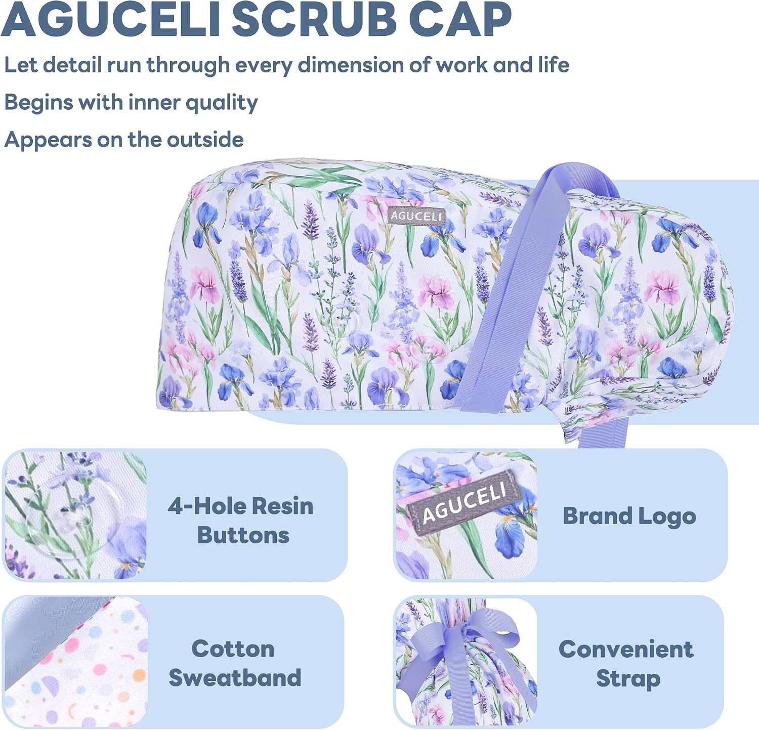 Satin Lined Scrub Cap for Women – Ponytail Holder & Buttons, Adjustable Nurse Cap with Sweatband for Long Hair