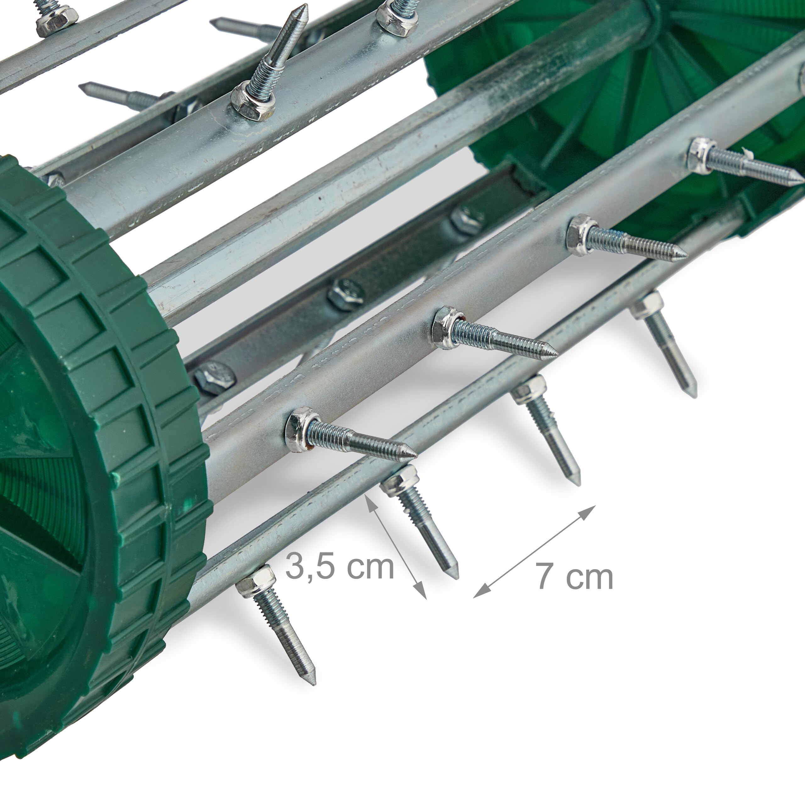 Relaxdays aérateur de Gazon Roulant, avec Manche, scarificateur Manuel, HBT : 145x44x21 cm, Rouleau à Gazon, Argent/Vert