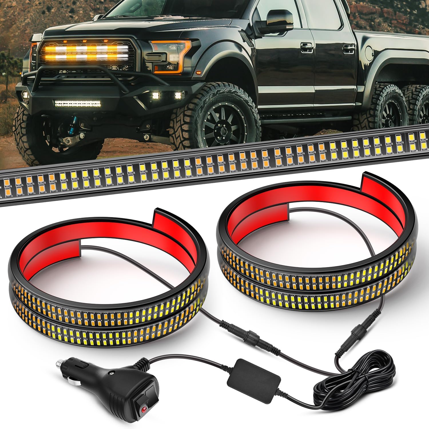 Nilight 2PCS 24 inch Truck Grille Strobe Lights Strip 384 LED Emergency Light Amber White Flexible Side Flashing Warning Caution Safety Waterproof Lighting Kit for Trucks Tow Plow Construction Vehicle