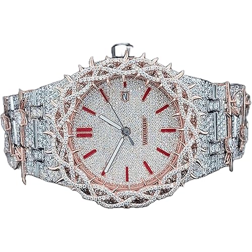 Luxury Iced Out Mens Watch – Moissanite Diamond Watch for Men, Rose Gold & Silver Hip Hop Wrist Watch, Fully Bust Down White Gold Display, Automatic Men’s Luxury Timepiece, VVS Lab Diamond Inspired Bling Watch