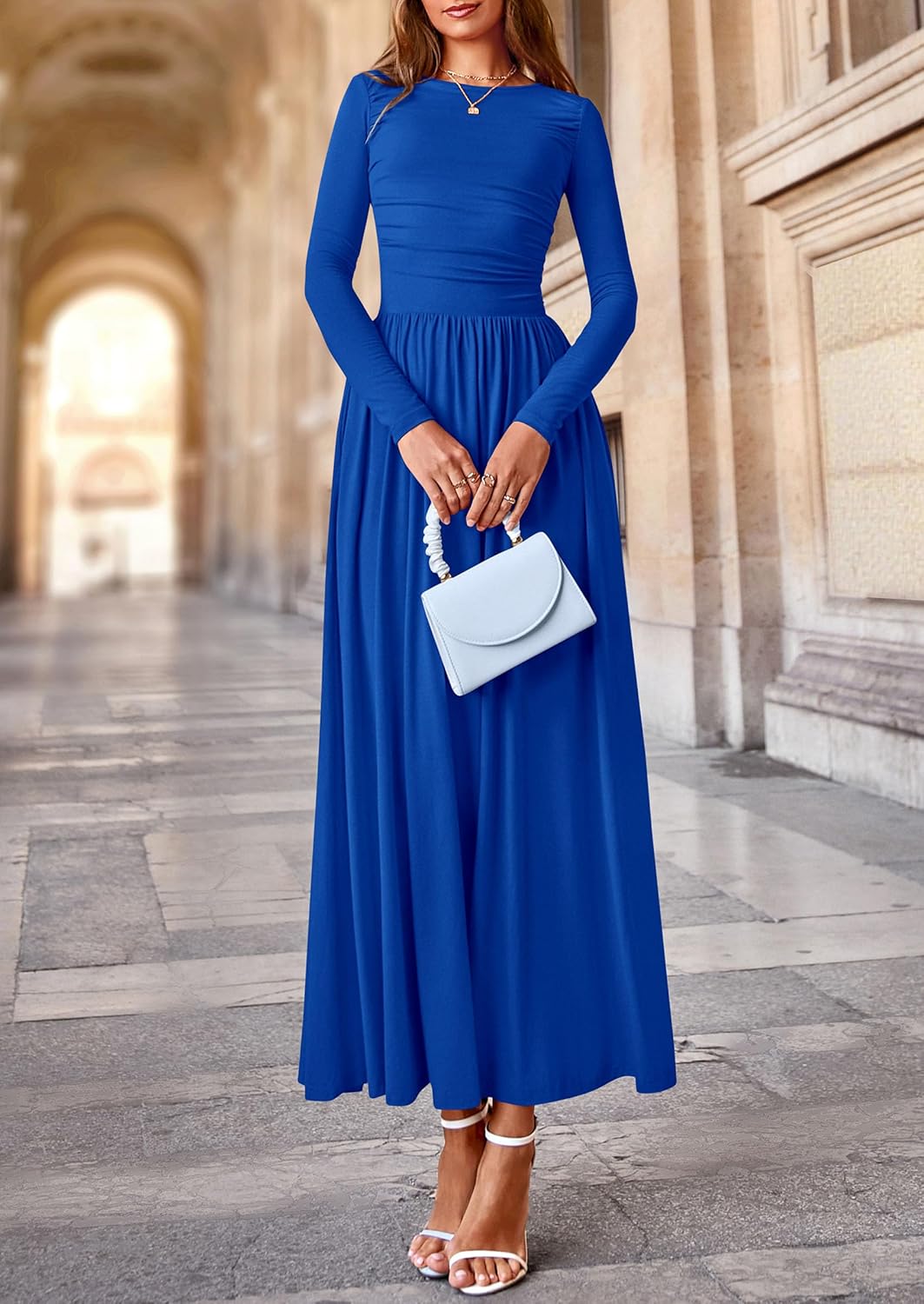 PRETTYGARDEN Women's 2025 Fashion Trendy Fall Long Sleeve Dresses Ruched Flowy Elegant Modest Boho Casual Beach Maxi Dress - Image 8