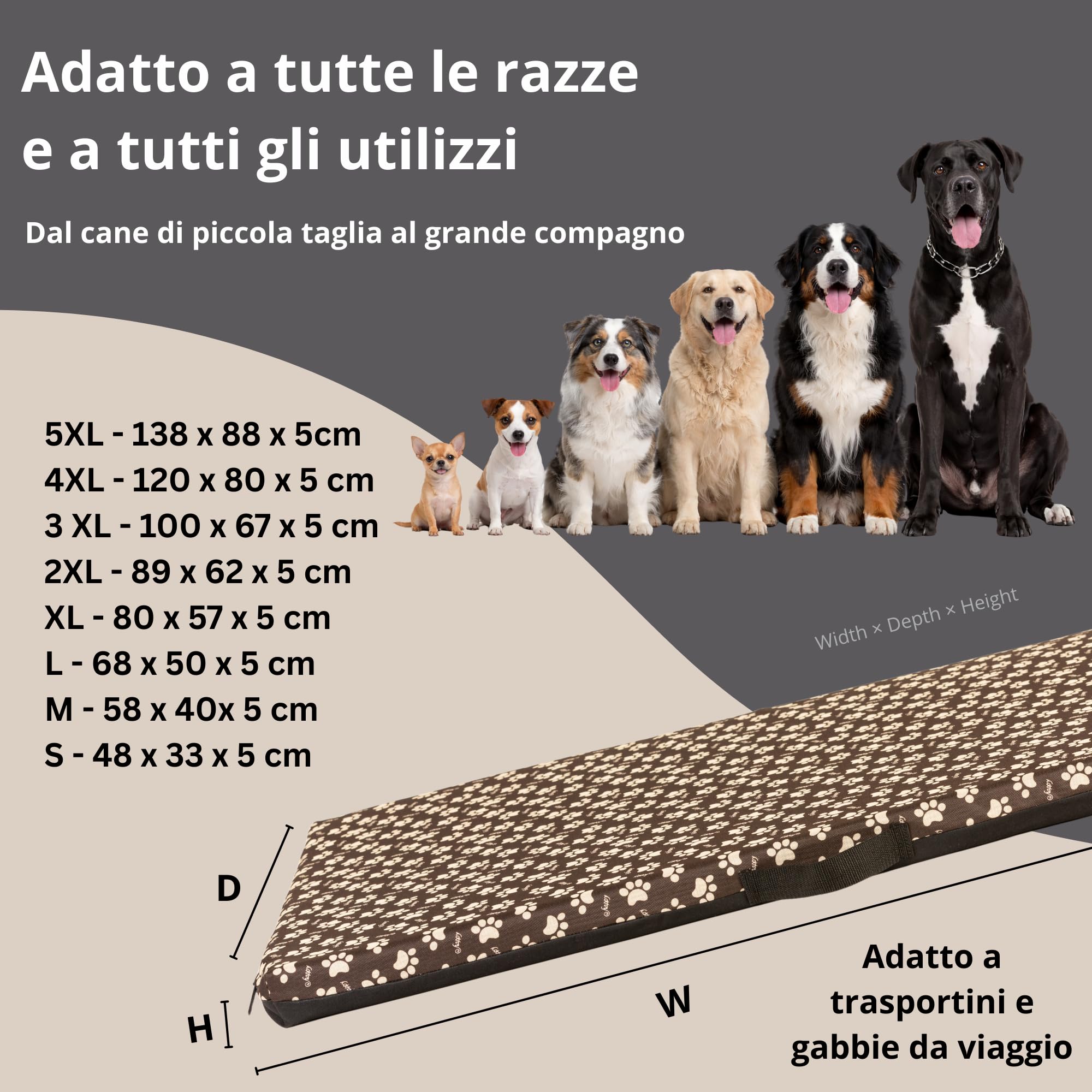COOL PET Materassino per cani, spessore 5 cm, in schiuma fredda ortopedica (Memory Foam), tessuto Oxford 600D, con rivestimento in PVC, dimensioni 4XL-120 x 80 cm, marrone con zampe