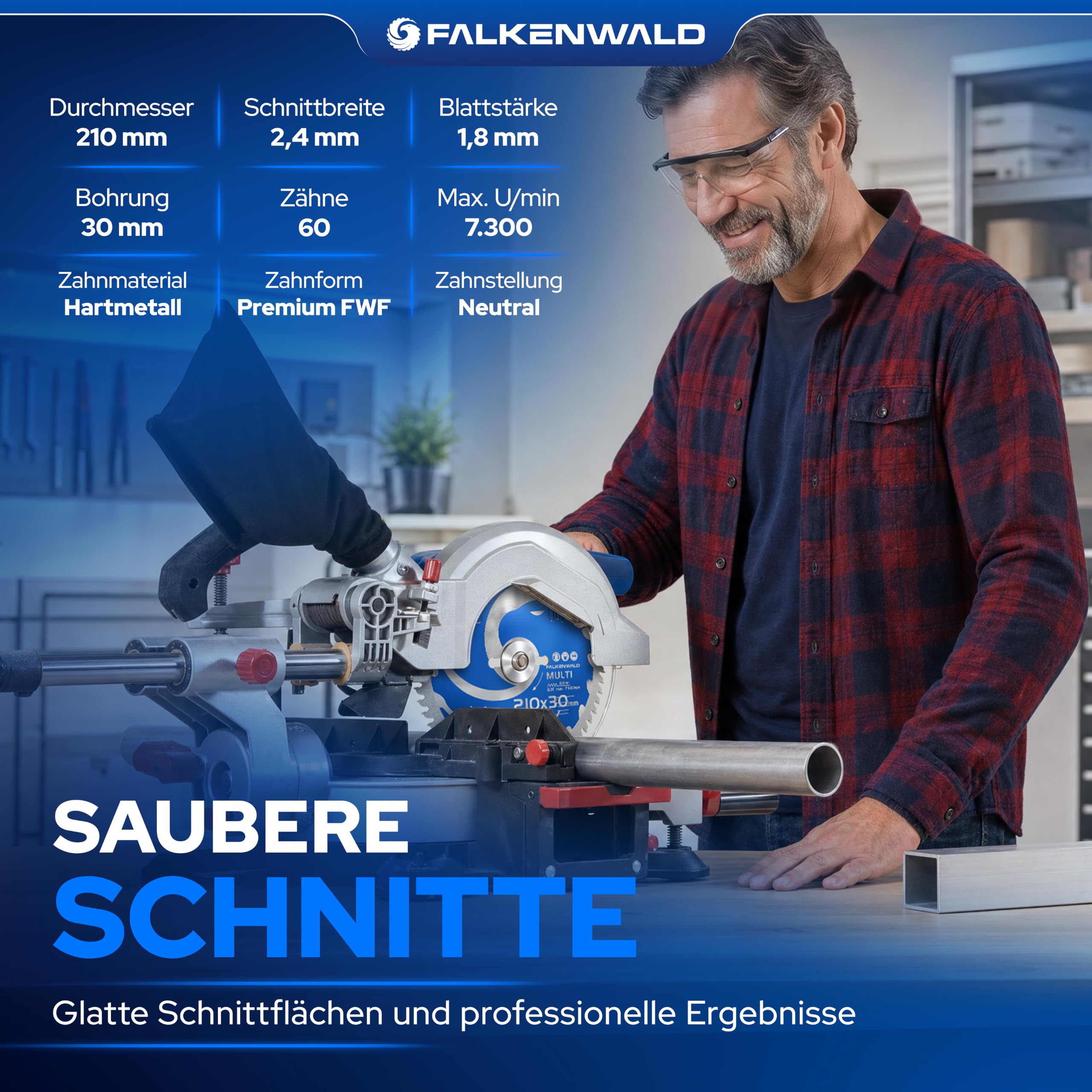 FALKENWALD ® Kreissägeblatt 210x30 mm - Ideal für Holz, Metall & Alu - Sägeblatt 210x30 kompatibel als Kappsägeblatt für Bosch & Makita - Multi Kappsägeblatt 210x30 - Sägeblatt 210