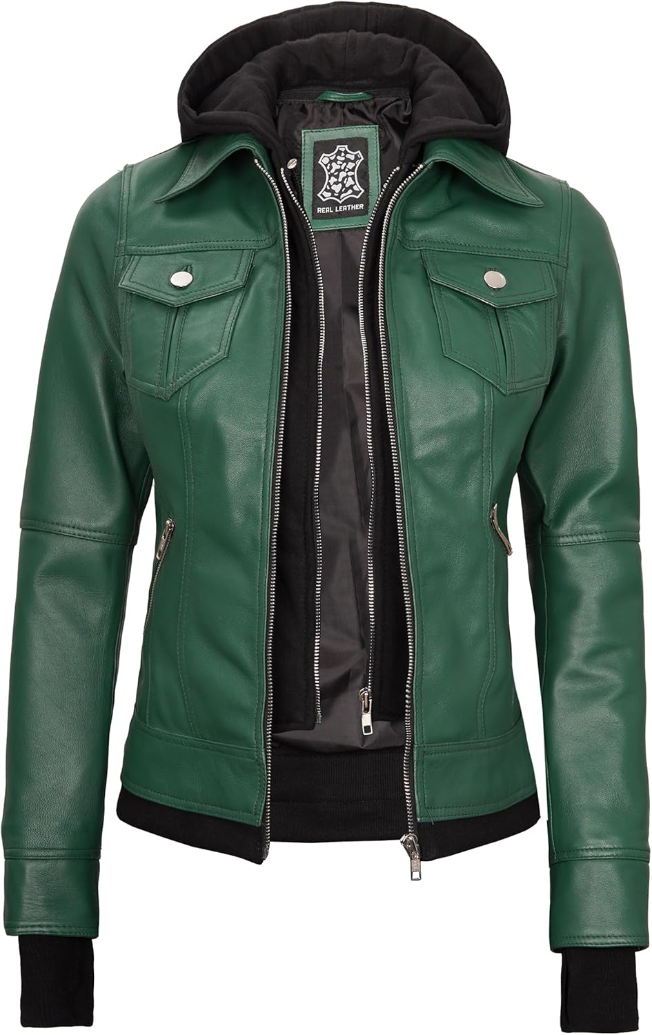 fjackets Hooded Leather Bomber Jacket Women - Real Lambskin Womens Leather Jacket with Removable Hood - Image 2
