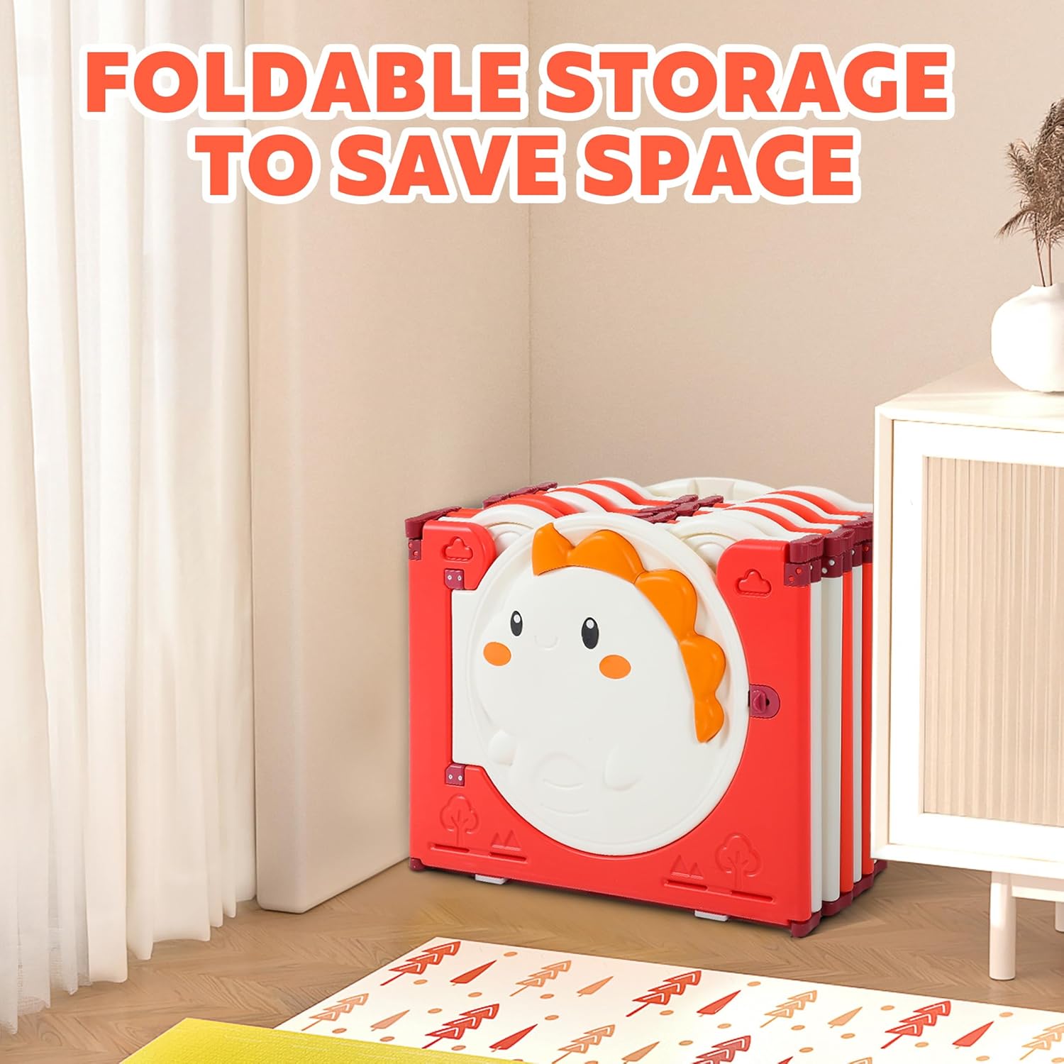 Baby Playpen with Cartoon Dinosaur, Foldable Playpen with 18 Panels, Safety Play Yard with Crawling Mat and Basketball Stand, Baby Playard for Kids and Toddlers, Pink+White