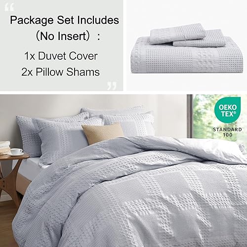 Miniatura 3 de PHF Juego de funda de edredón 100% algodón de punto gofre, tamaño matrimonial, 3 piezas, suave, transpirable, para todas las estaciones, funda de