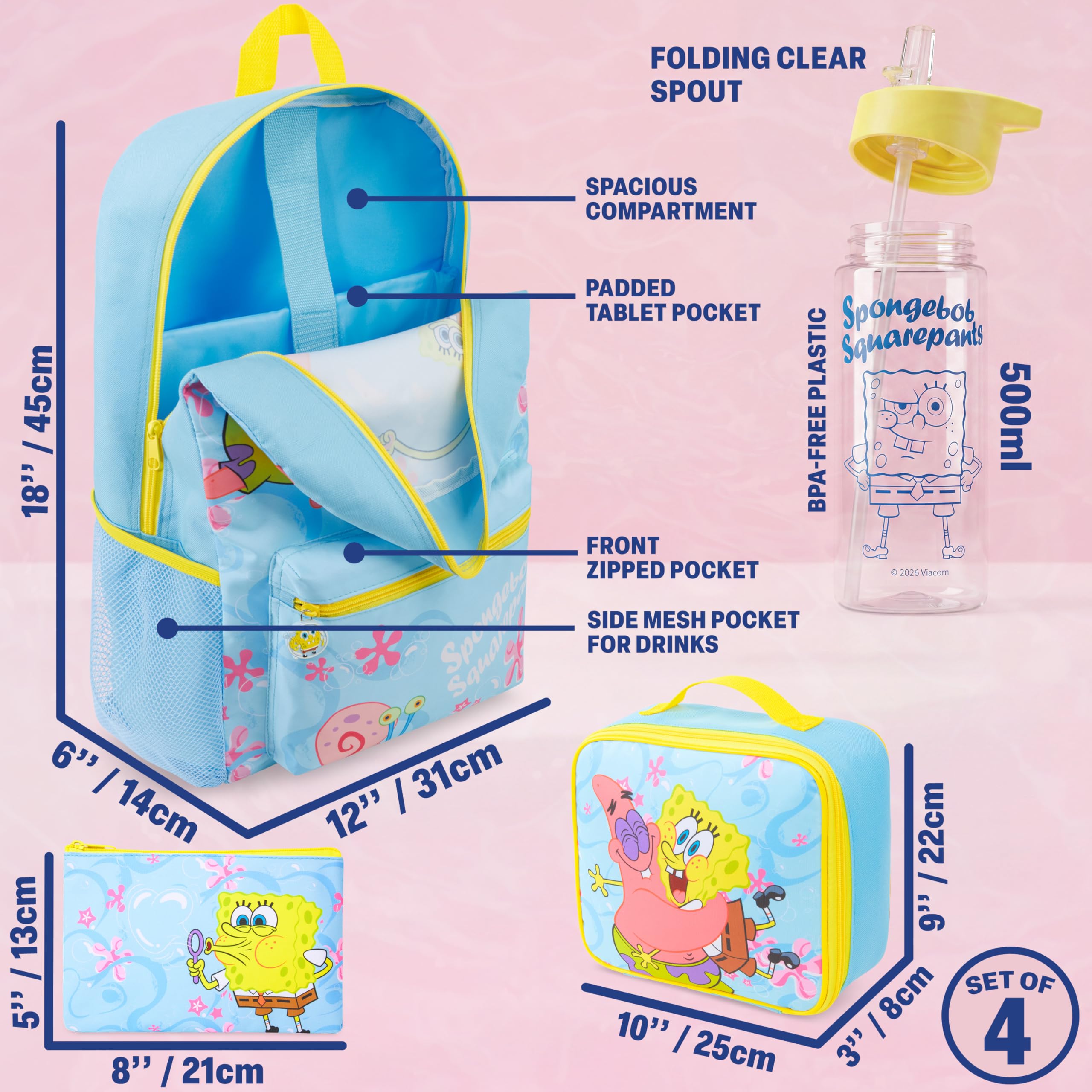 Get Trend Bob Esponja Mochila Escolar Set, 4 Piezas con Grande Mochila Niña 46cm, 500ml Botella Agua Sin BPA, Estuche Escolar y Bolsa Isotermica (Azul Claro/Amarillo Spongebob)