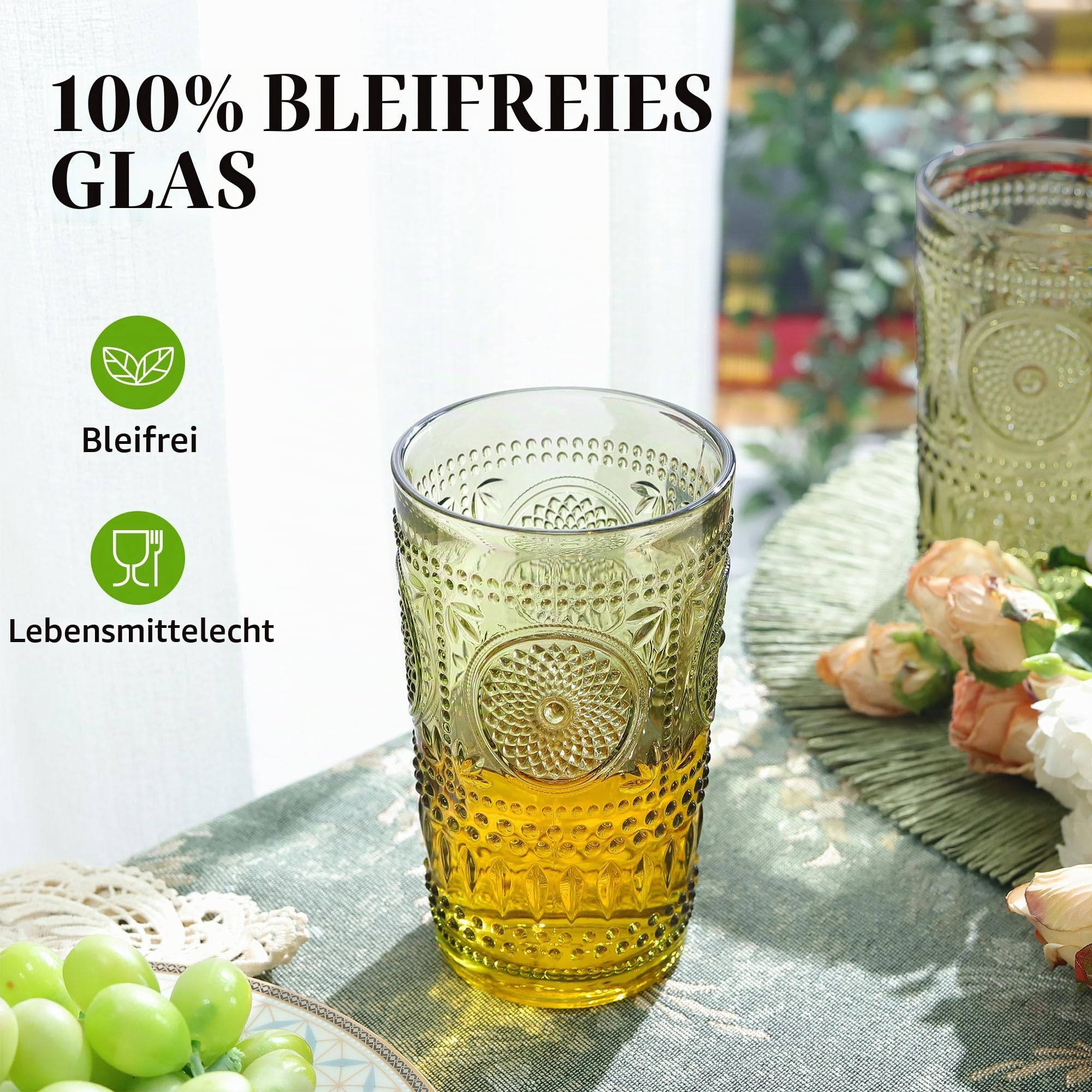 Joeyan 400ml Trinkgläser Set Bunt,Grün Wassergläser Retro,Spülmaschinenfest