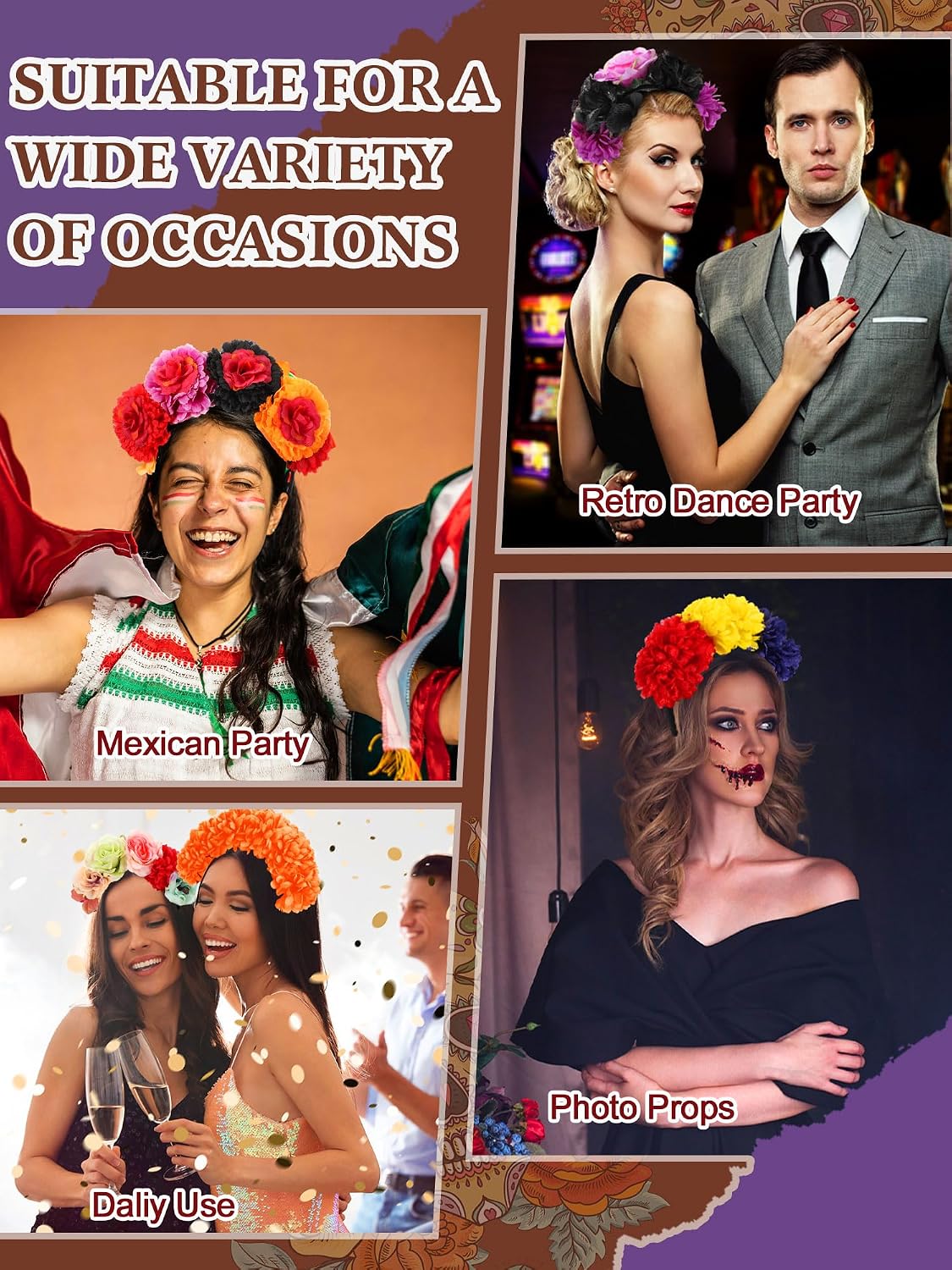 Zeyune Mexican Flower Headband Fiesta Rose Flower Crown Mexican Headpiece Cinco De Mayo Decorations for Women Party Holiday