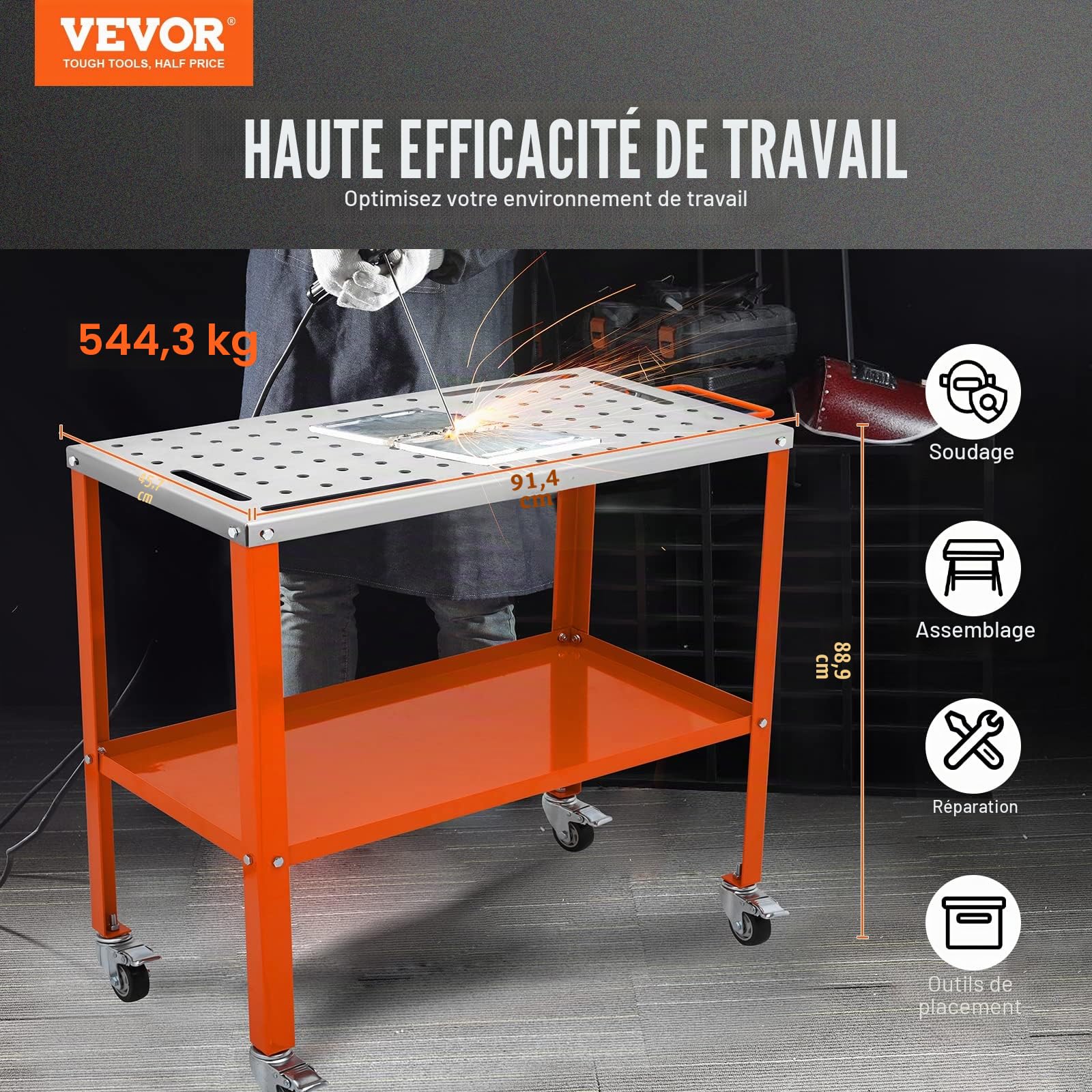 VEVOR Table de Soudure 91,4 x 45,7 cm Établi de Soudage Charge 544 kg Établi Travail Acier sur roulettes à Frein 2 Niveaux 4 Fentes d'Outils Trous de Fixation 1,6 cm pour Réparation Soudage Bricolage