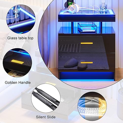 Miniatura 7 de HNEBC Juego de 2 mesitas de noche LED RGB, moderna mesita de noche con estación de carga inalámbrica y puertos USB, soporte de noche inteligente de