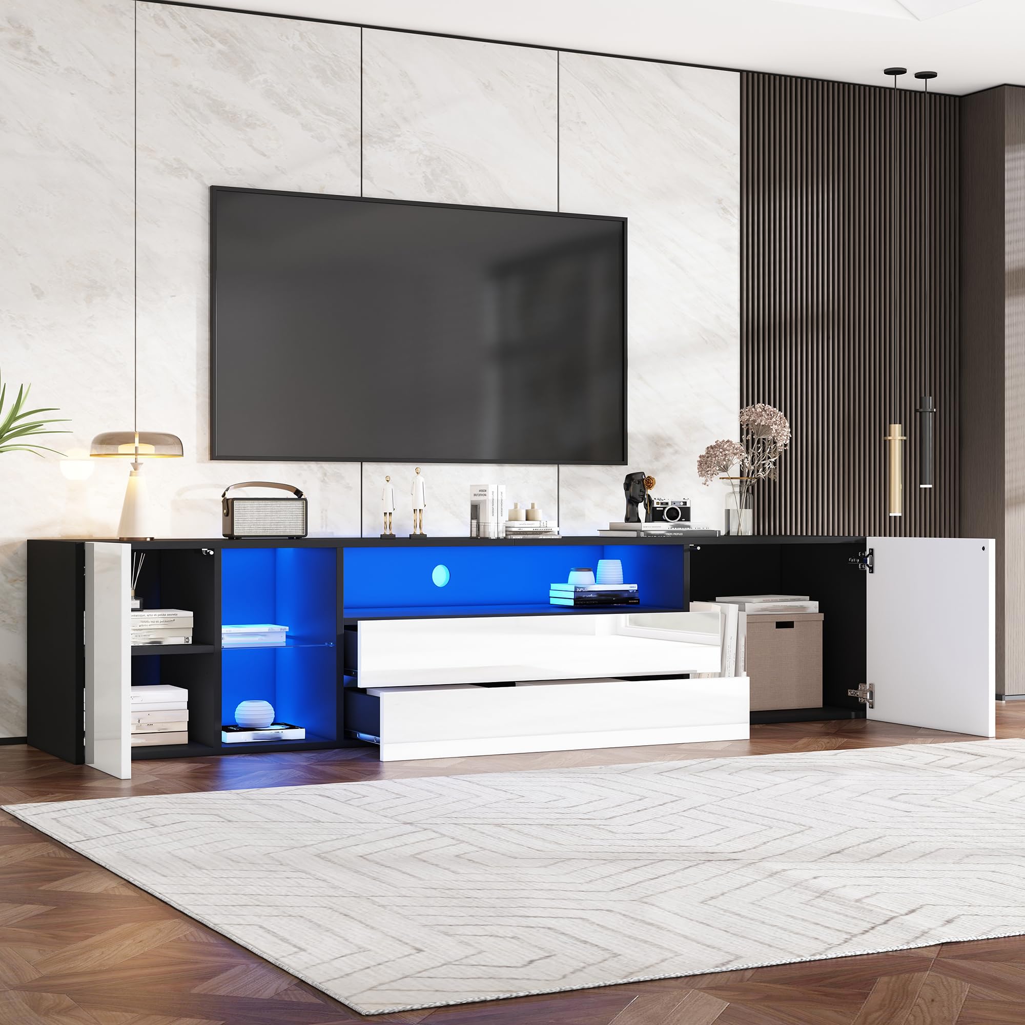 Meuble TV Brillant 2 tiroirs 2 Portes Étagères Ouvertes Lowboard pour téléviseur Jusqu’à 75 Pouces avec Bande Lumineuse LED Bas pour Salon Table de Meubles TV Noir