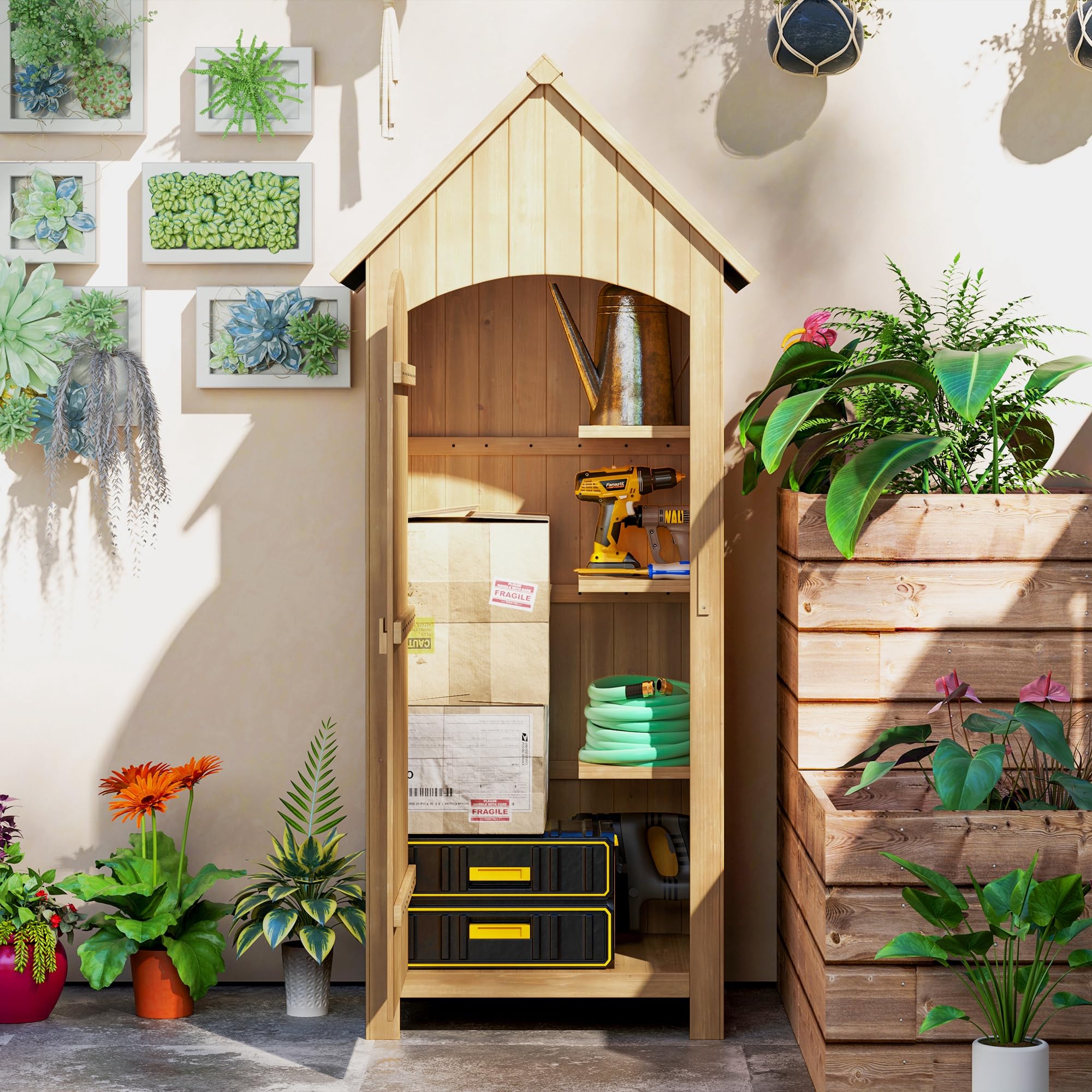 Outsunny Capanno Porta Attrezzi da Giardino in Legno di Abete con 3 Ripiani, Casetta Attrezzi Giardino con Tetto Inclinato Impermeabile per Terrazza Patio, 77.5x54.2x179.5 cm, Color Legno