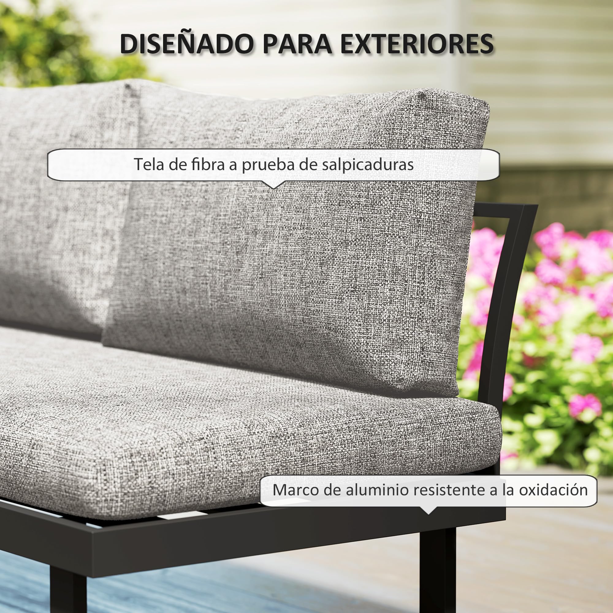 Outsunny Conjunto de Jardín Exterior de 3 Piezas Gris Claro | Sofá Exterior Seccional Resistente con Estructura de Aluminio, 2 Sofás de 2 Plazas, Mesa de Centro Versátil, Cojines