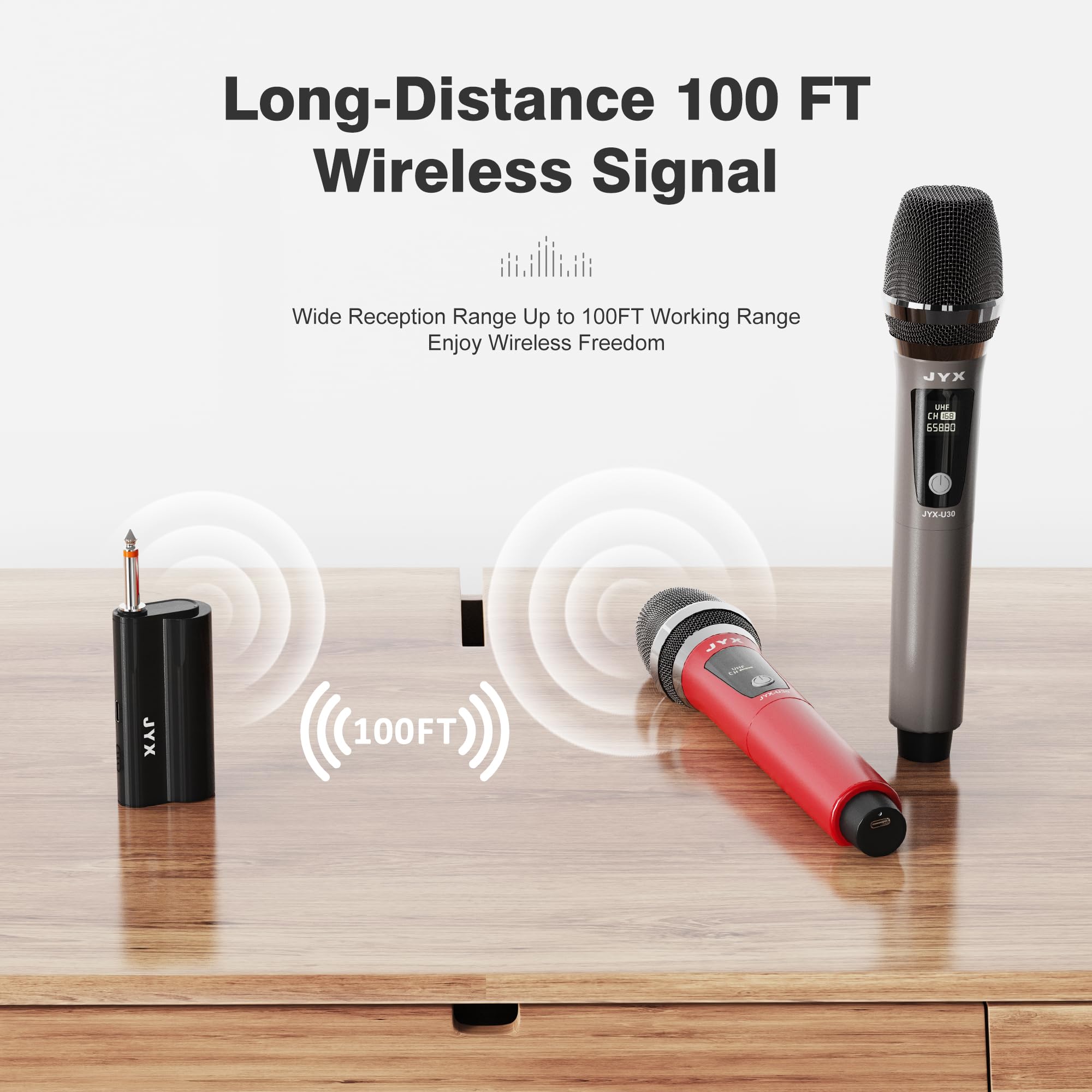JYX Dual UHF Wireless Microphones with Rechargeable Receiver, Handheld Dynamic Mics, 160ft Range, 6.35mm & 3.5mm Adapters - Image 4