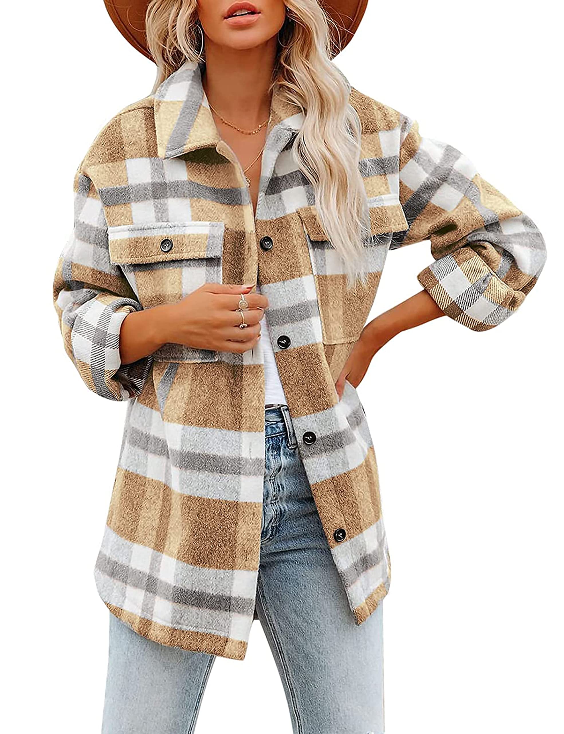 UANEOShacket Jacket Women Fall Wool Blend Button Down Plaid Flannel Shirts Coats