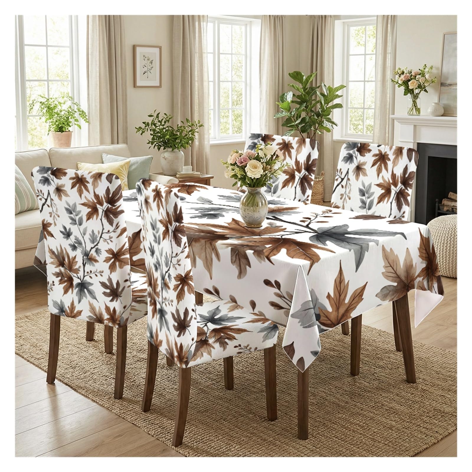 BOSUYBN Stretch Dining Chair Slipcovers And Tablecloth Set, Fall Maple Leaf Print, 5/7 Pack For Autumn Farmhouse Dining Decor Table Setting(5pcs Set: Tablecloth+Chair Covers)