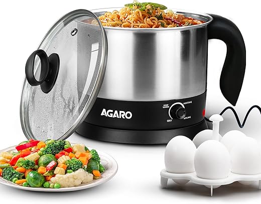 AGARO Esteem Electric Multipurpose Kettle 1.2L, 600W, with Stainless Steel Body, Egg Rack, Grill Rack, 3 Heating Modes & Rapid Boil Technology,…
