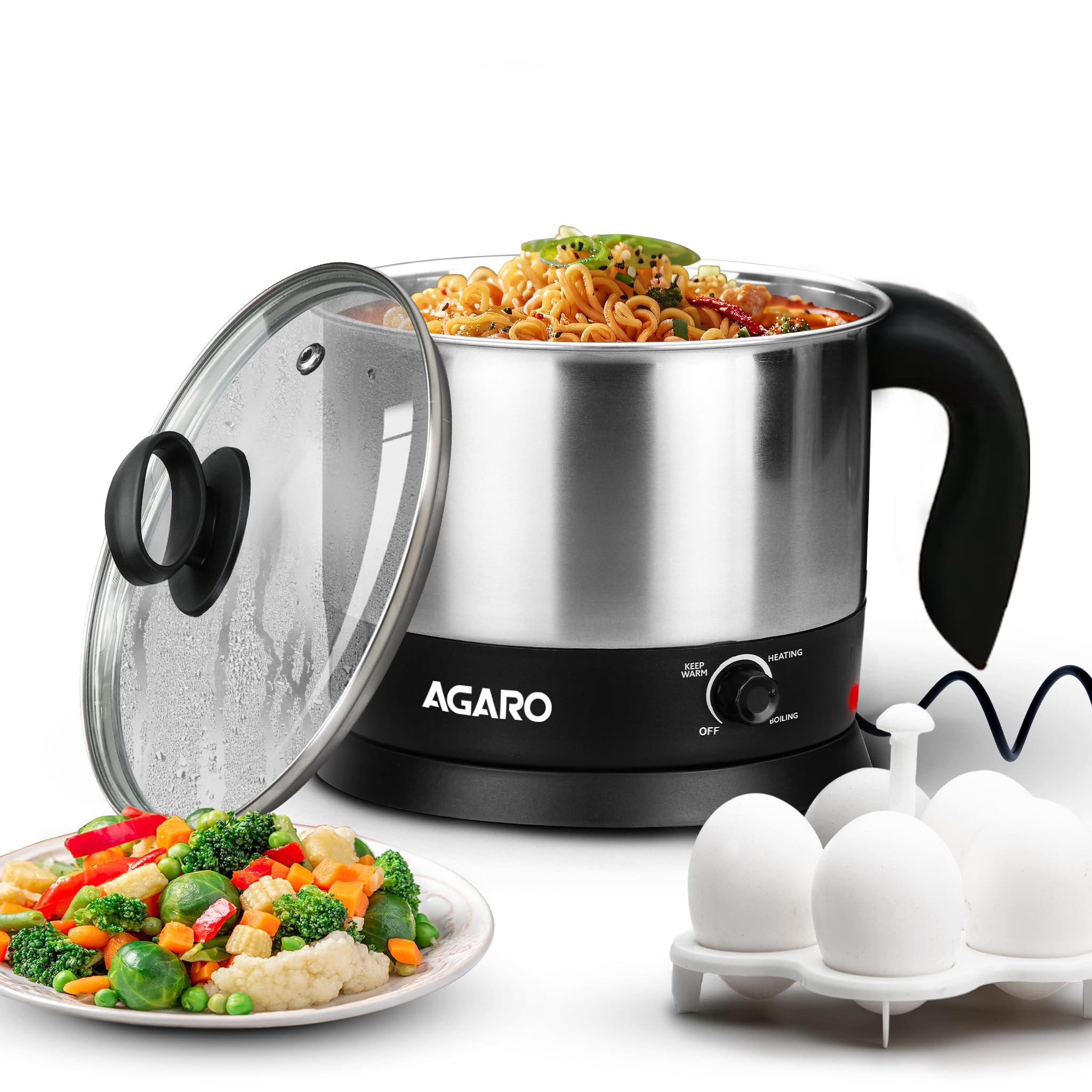 AGARO Esteem Electric Multi Kettle 1.2L, 600W, with Stainless Steel Body, Egg Rack, Grill Rack, 3 Heating Modes & Rapid Boil Technology, Boiling Water, Tea, Coffee, Oats, Noodle, Soup