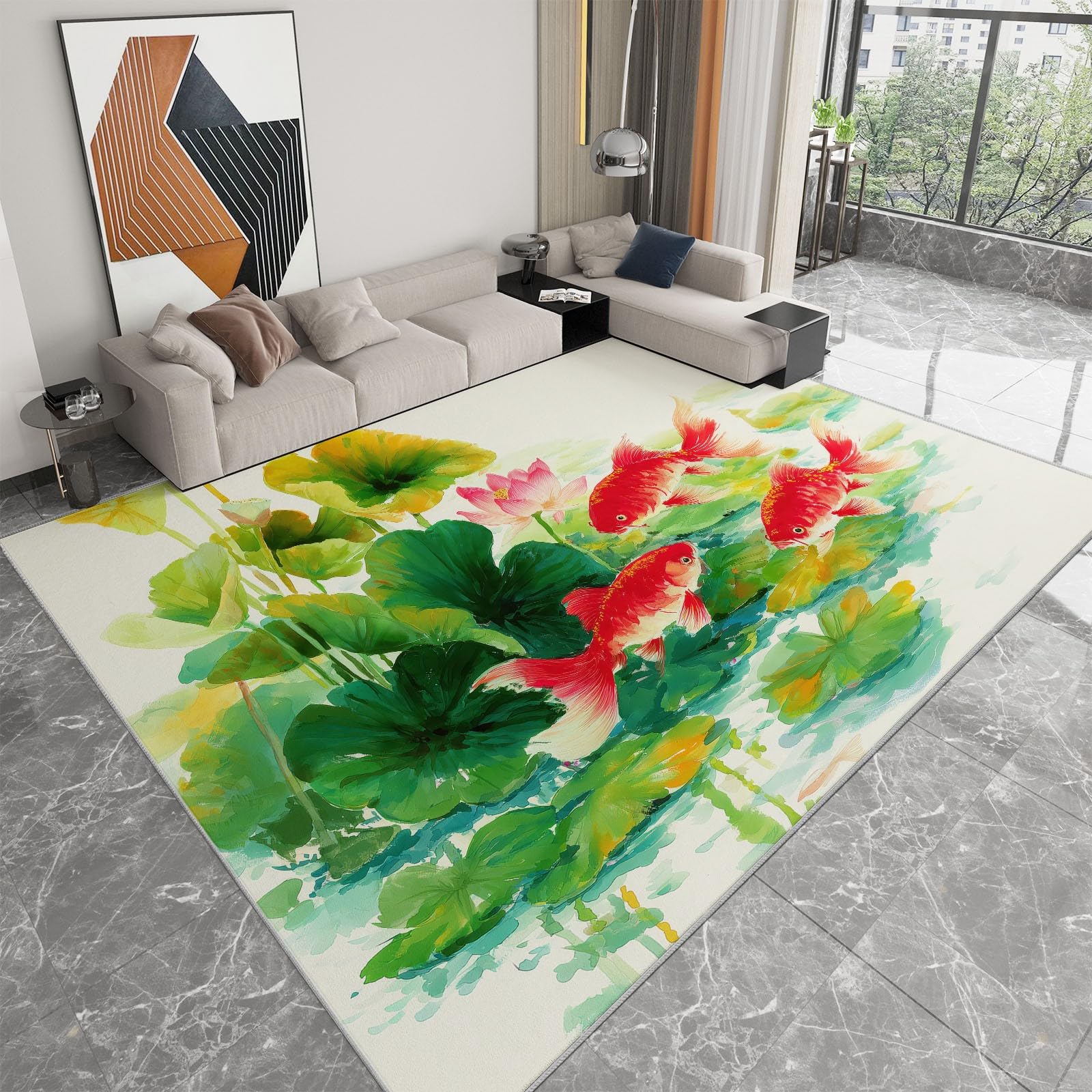 Goldfish - Alfombra antideslizante con diseño de hojas de estanque de loto, 120 x 170 cm, lavable a tinta, alfombra para dormitorio de niños y niñas, alfombra de suelo para sala de estar, dormitorio