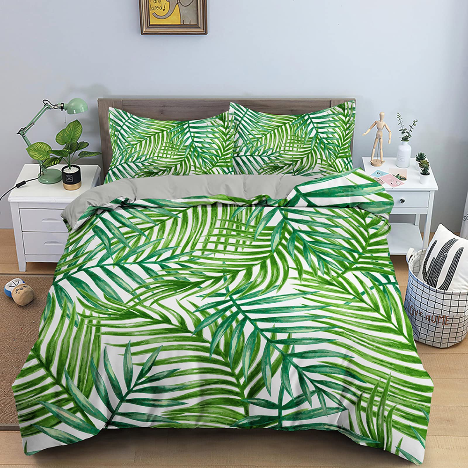 Dwetcxo King Size Duvet Cover Sets Light Green Leaves Kingsize Duvet Cover Sets Microfiber Breathable King Size Bedding Soft Bedding with Zipper Closure+2 Pillowcases 50x75cm 220x240cm