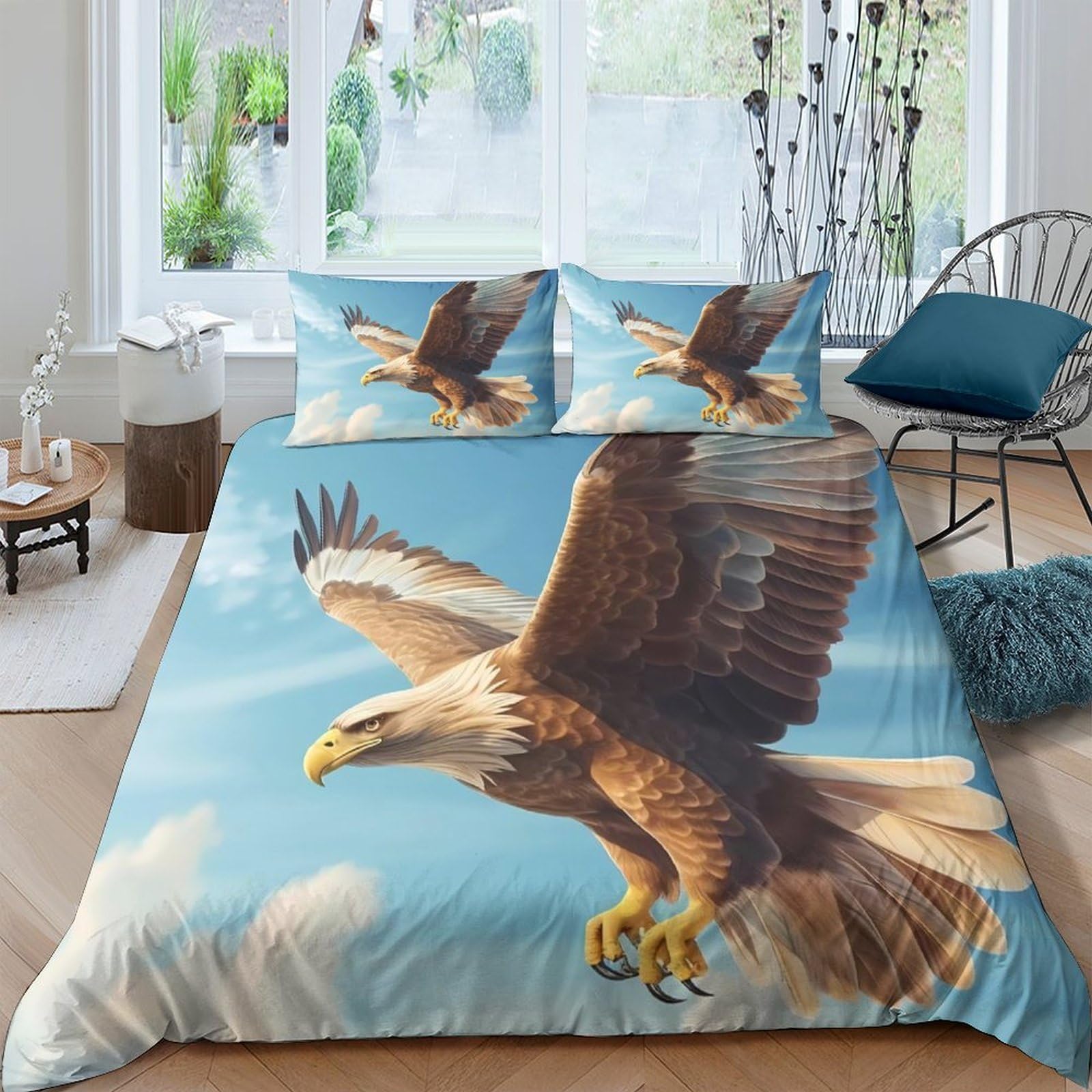 GPLZQXKJNH 3D Printed Eagle Flying Sky Duvet Cover Microfiber Soft Breathable Cloud Quilt Cover Set with 2 Pillowcases for Bedroom Decor Single（135x200cm）