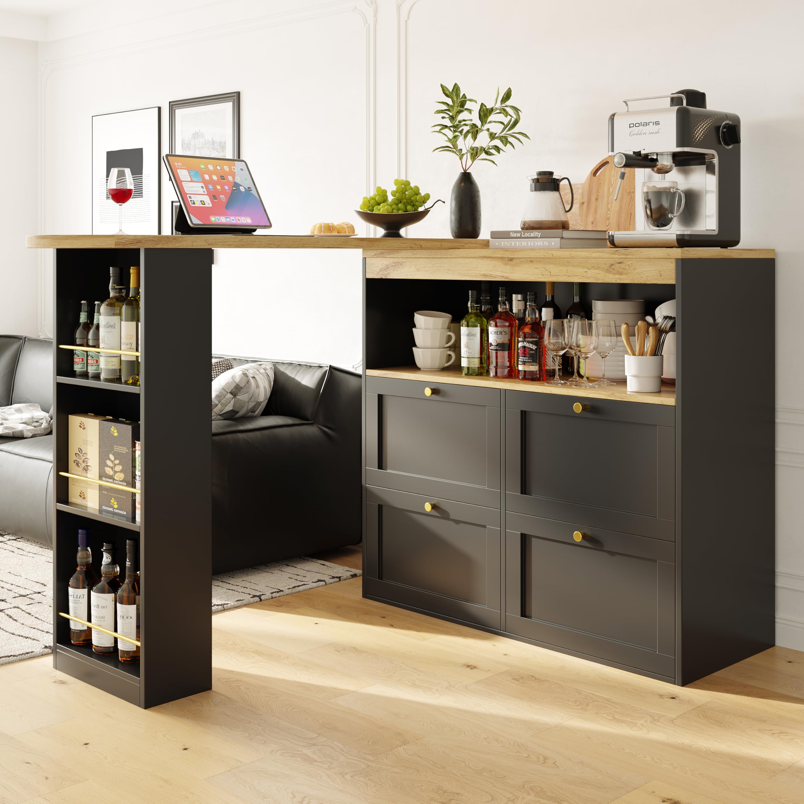Bartisch Klappbar mit 4 Schubladen, 360° Drehbare Bartisch Küche mit Ablageflächen, Moderner Beweglicher Bar Tisch, Bar Table, Hochtisch, Kücheninsel, (105-138 x 39 x 102 cm), Schwarz