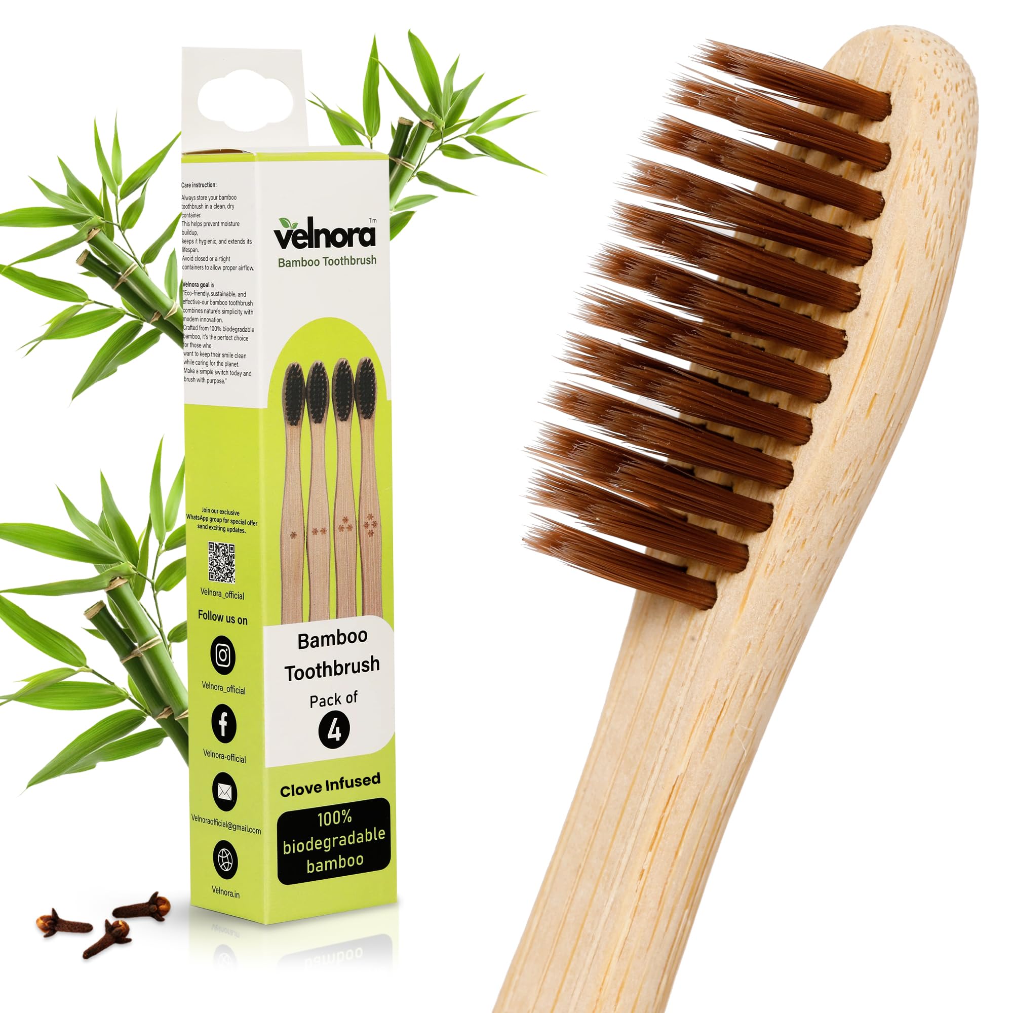Velnora Bamboo Toothbrush (Pack of 4) - Clove Infused, Medium-Soft, BPA Free Bristles | S-curve & Manual Handle | Biodegradable & Eco-Friendly | Natural Bamboo Wooden Toothbrush Set for Family, Adults & Kids-picture-32
