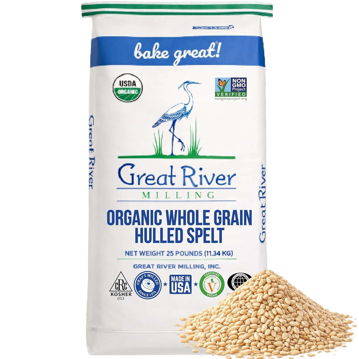 Great River Milling Organic Hulled Spelt Berries | Ancient Whole Spelt Grain | High Fiber & Protein | Non-GMO & Kosher | Ideal for Baking, Salads, Pilaf & More | 25 Lb