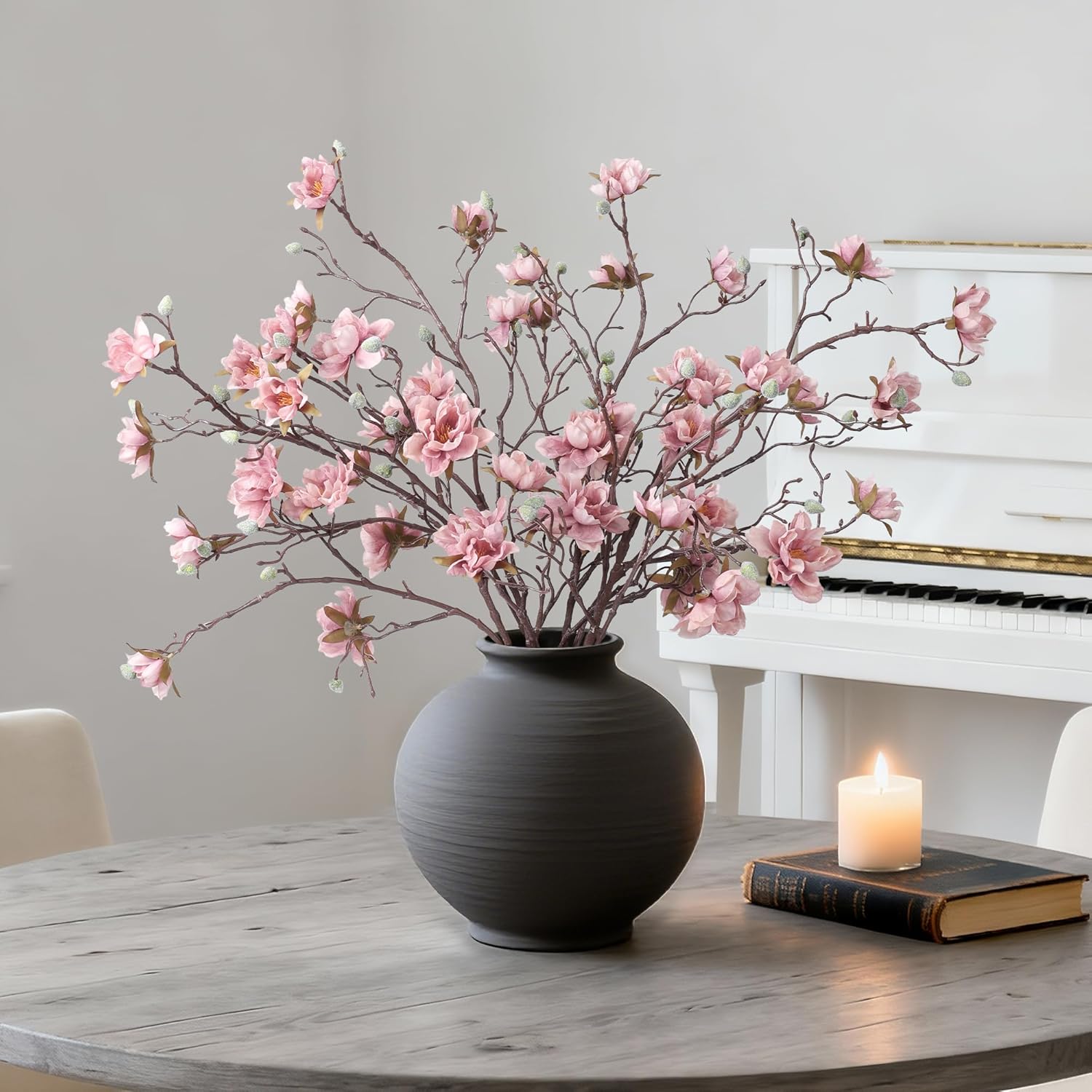 HyeFlora 3PCS Artificial Magnolia Flowers Stems for Spring Decoration, Faux Pink Magnolia Branches with Buds, 34.5" Long Stems Floral Arrangement for Vase Pot Table Centerpiece Indoor Decor