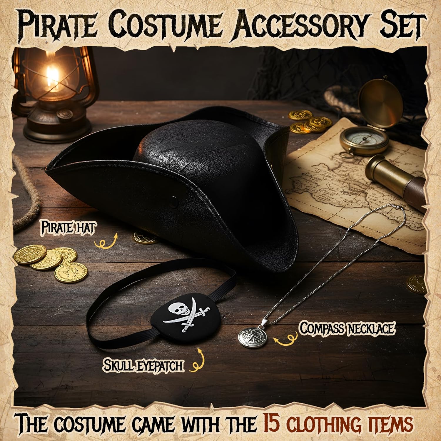 Pirate Hat Pirate Costume Accessories Leather Tricorn Hat Necklace Eye Patch Mardi Gras Party Men Women Distressed - Image 7