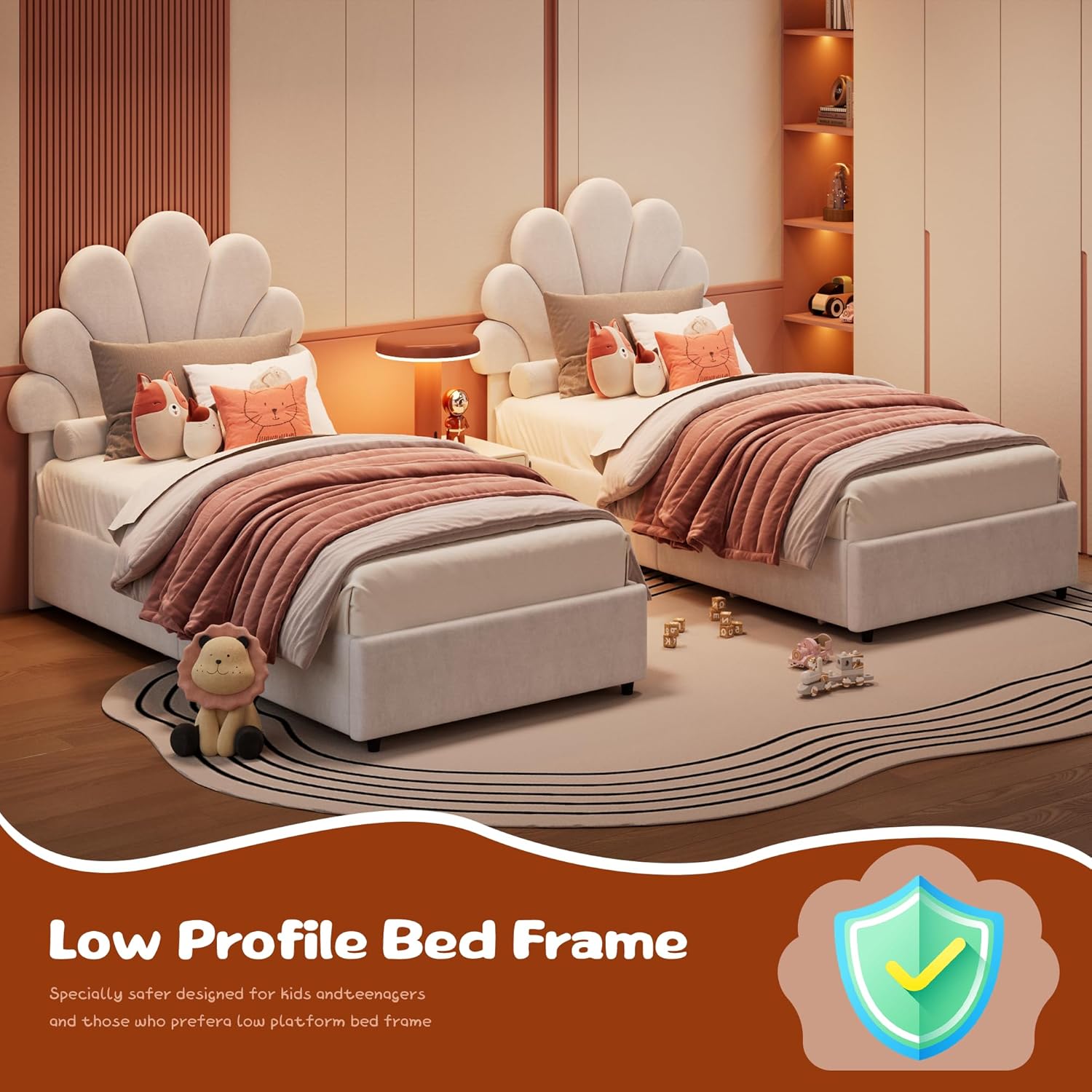Twin Size Bed Frame for Kids - with 2 Storage Drawers, Cute Velvet Princess Platform Bed with Upholstered Headboard for Girls/Boys, Solid Wood Slats Support, No Box Spring Needed, Easy Assembly, White