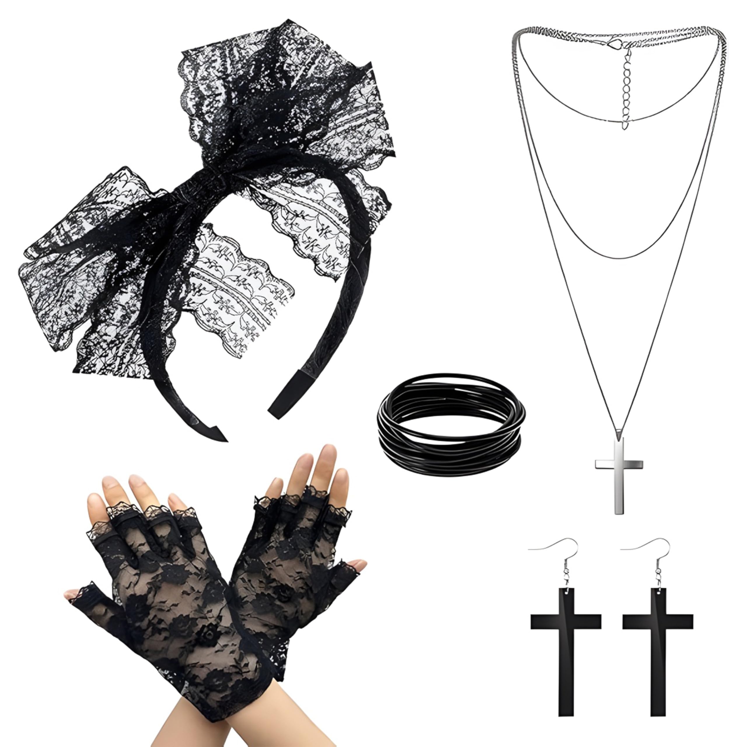 CATMEYE 80s Retro Costume Accessories Set, 5 Pieces with Lace Headband, Fishnet Gloves, Cross Necklace, Earrings, Bracelet for Party, Disco Theme (Black)
