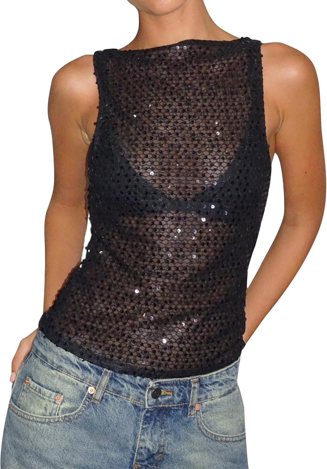 Women Sexy See Through Sequin Crop Tank Top Sleeveless Crewneck Mesh Shirts Tops Sparkly Party Club Going Out Tops