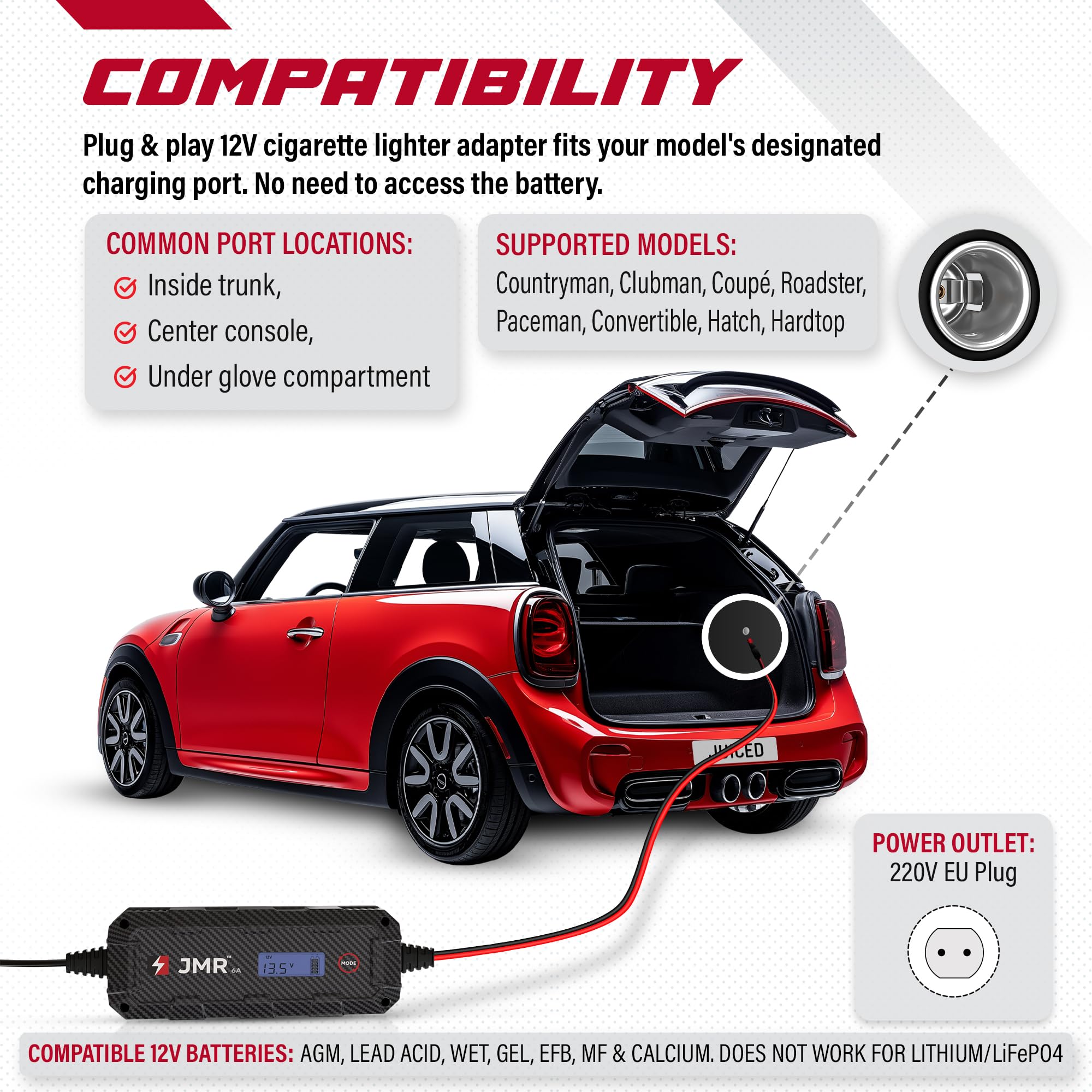 JMR Battery Charger for Mini Cooper Countryman Clubman Coupé Roadster Paceman Convertible Hatch Hardtop All Models Trickle Charger Conditioner Maintainer (No Lithium Mode)