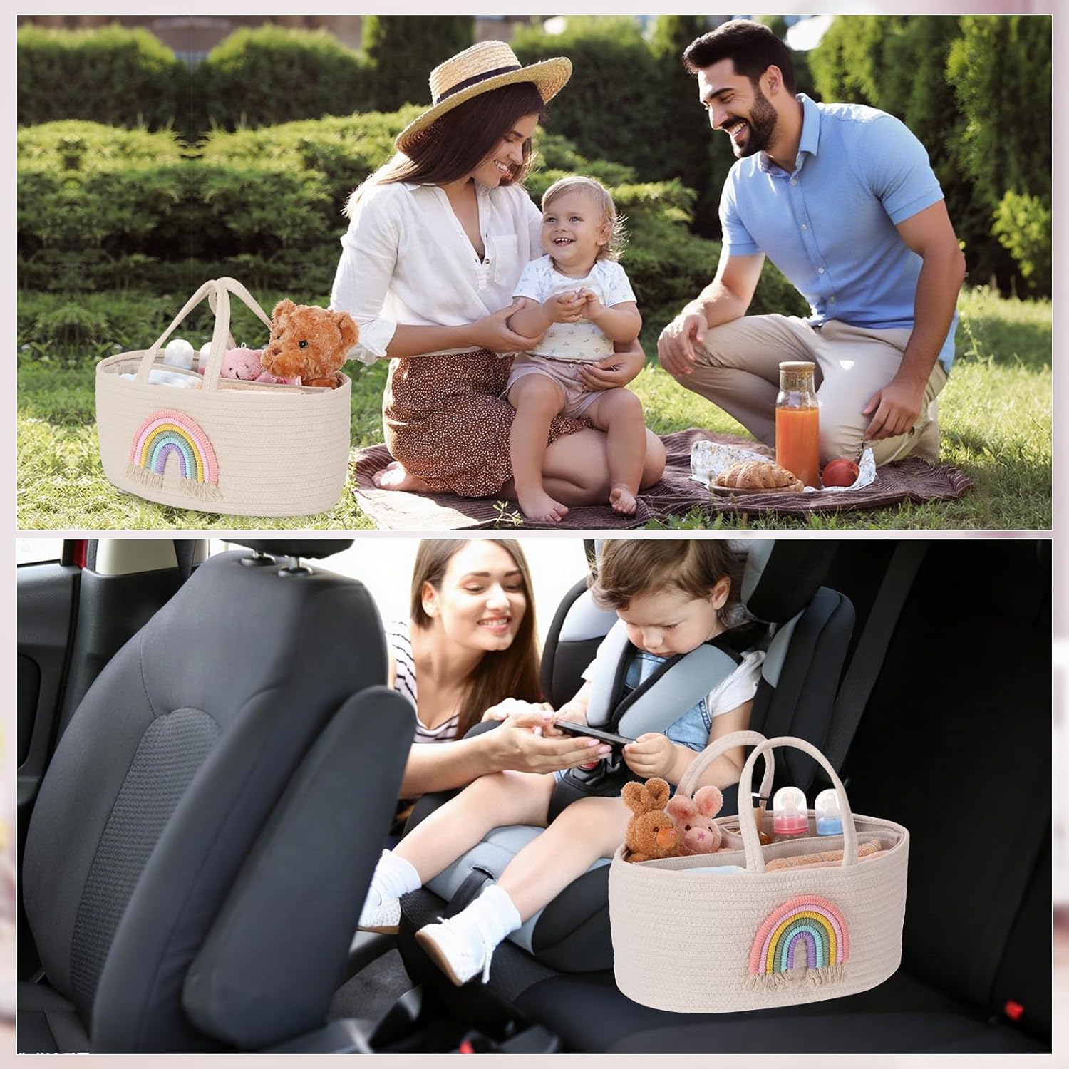 Aliceset Diaper Caddy for Baby Girl Boy Rope Nursery Storage Bin Basket Portable Holder Tote Bag for Changing Table Car Travel Baby Shower Gifts Newborn Essentials Registry Must Have Items(Rainbow)