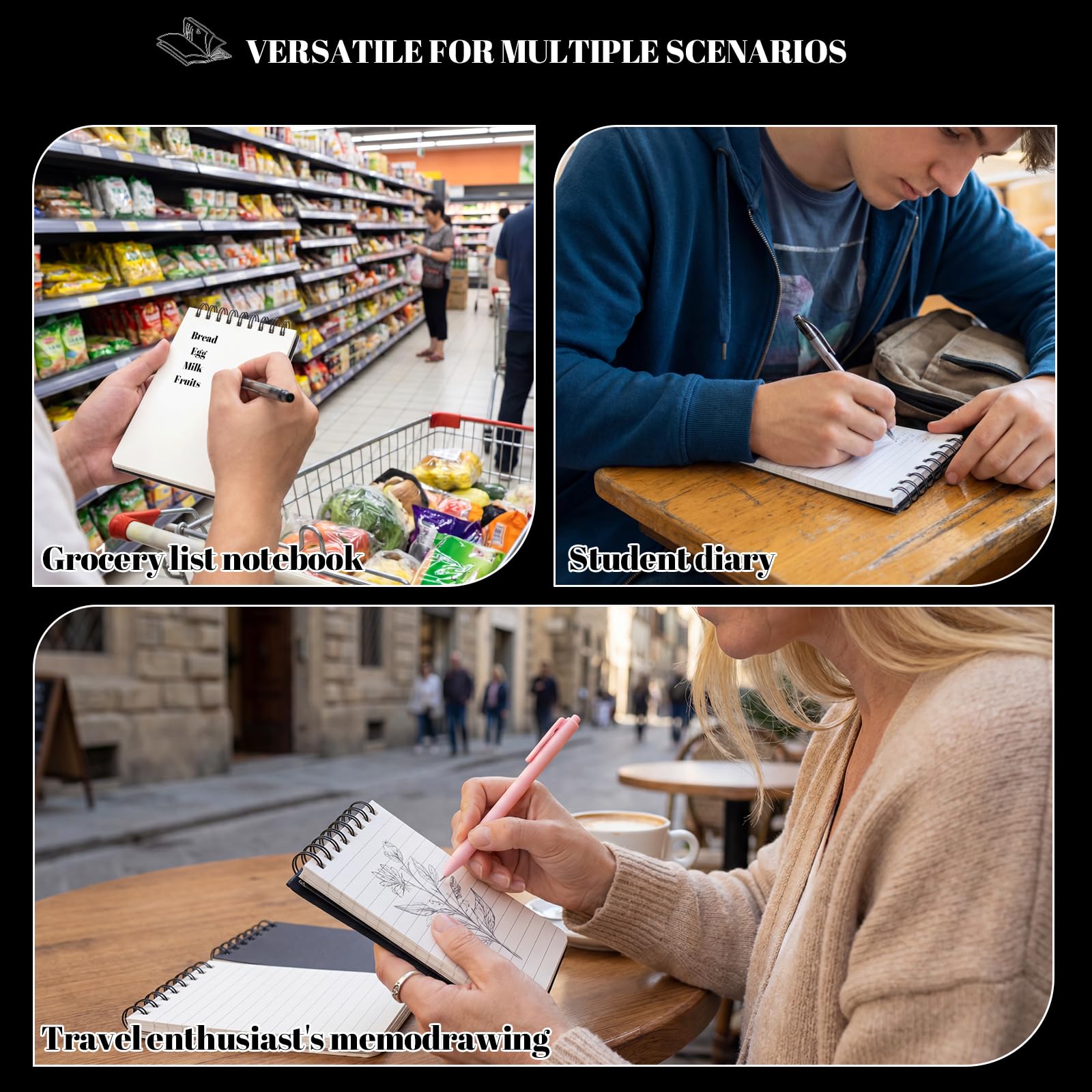 BESARME 10 blocs de notas pequeños de 3 x 5 pulgadas, cuaderno de bolsillo en espiral a granel negro a granel, bloc de notas a rayas para hombres, estudiantes, regalo de vuelta a la escuela