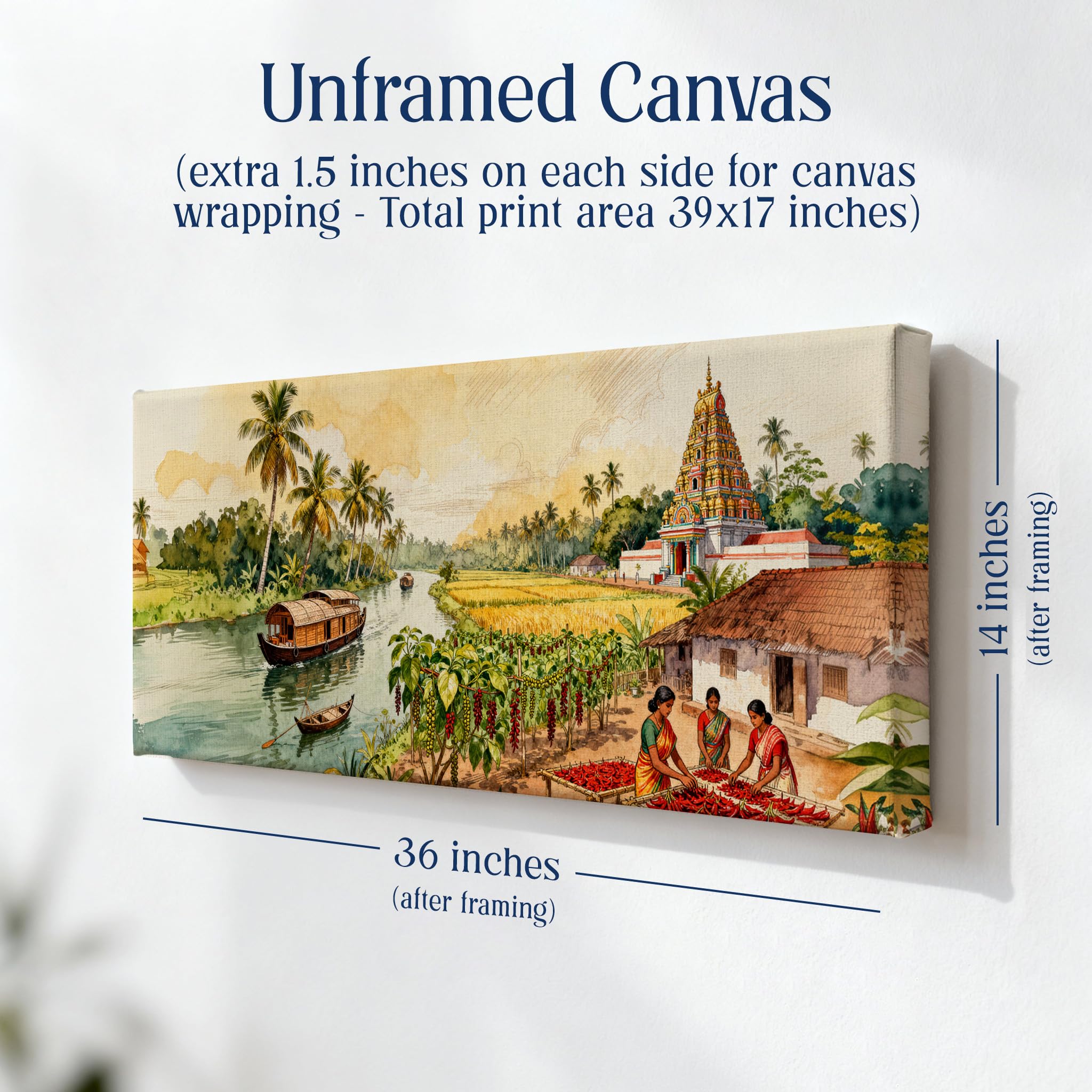 SoulAbiti South Indian Temple & Fields Unframed 36x14 inches Rolled Canvas Wall Expressionism Art UV Print Painting for Living Room, Bedroom & Office Decor Premium Gloss Vivid Fade-Resistant Print 1