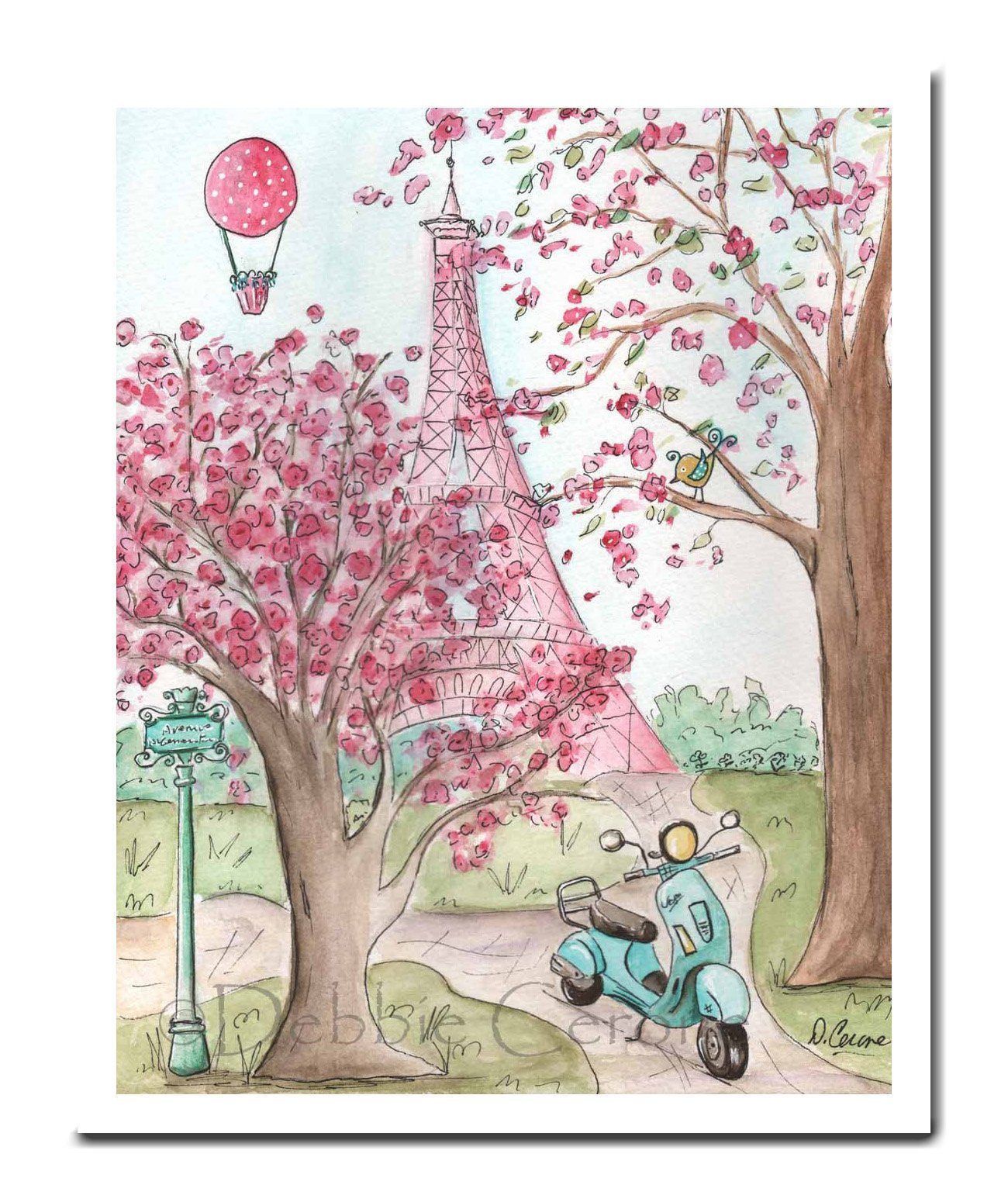 Pink Paris Wall Art, Eiffel Tower Poster, Hot Air Balloon, Vespa, Fine Art Print, 6 Sizes, Unframed