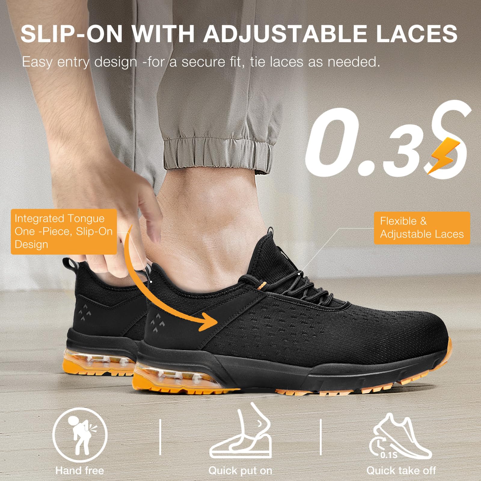 SPIEZ Scarpe di Sicurezza per Uomini e Donne - Punta composita Non in Acciaio con Cuscino d'Aria, Design Leggero da Scarpe da Ginnastica, comode da Indossare a Mani libere, Nero Arancione EU 36-46