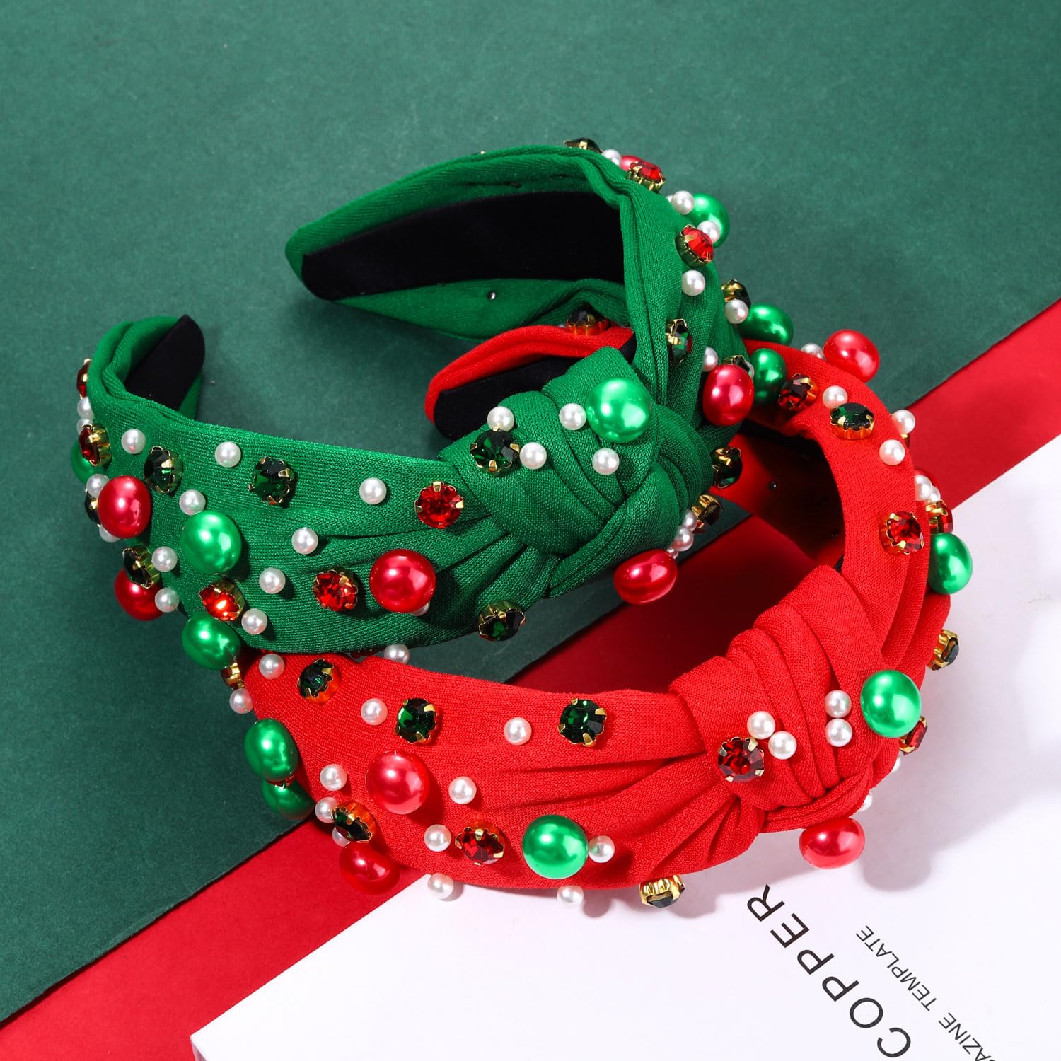 Christmas Headband Women Fabric Pearl Rhinestone Gift Holiday Accessory Christmas Headband Pearl Knotted Hair Band with Rhinestone  main image 2