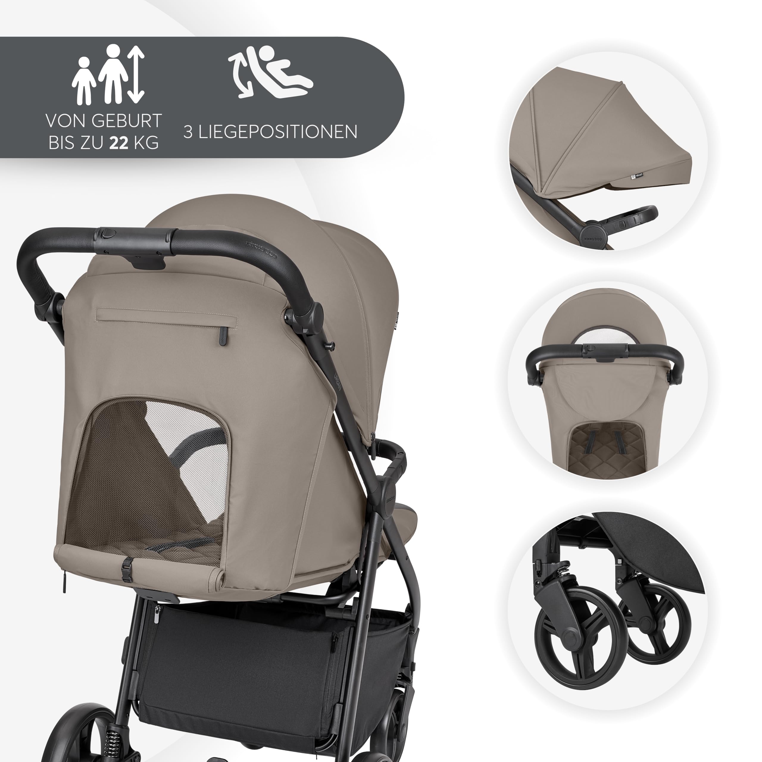 KikkaBoo URBAN Reisebuggy Kinderwagen, ab Geburt bis 22 kg, EVA Räder mit Federung, Beige