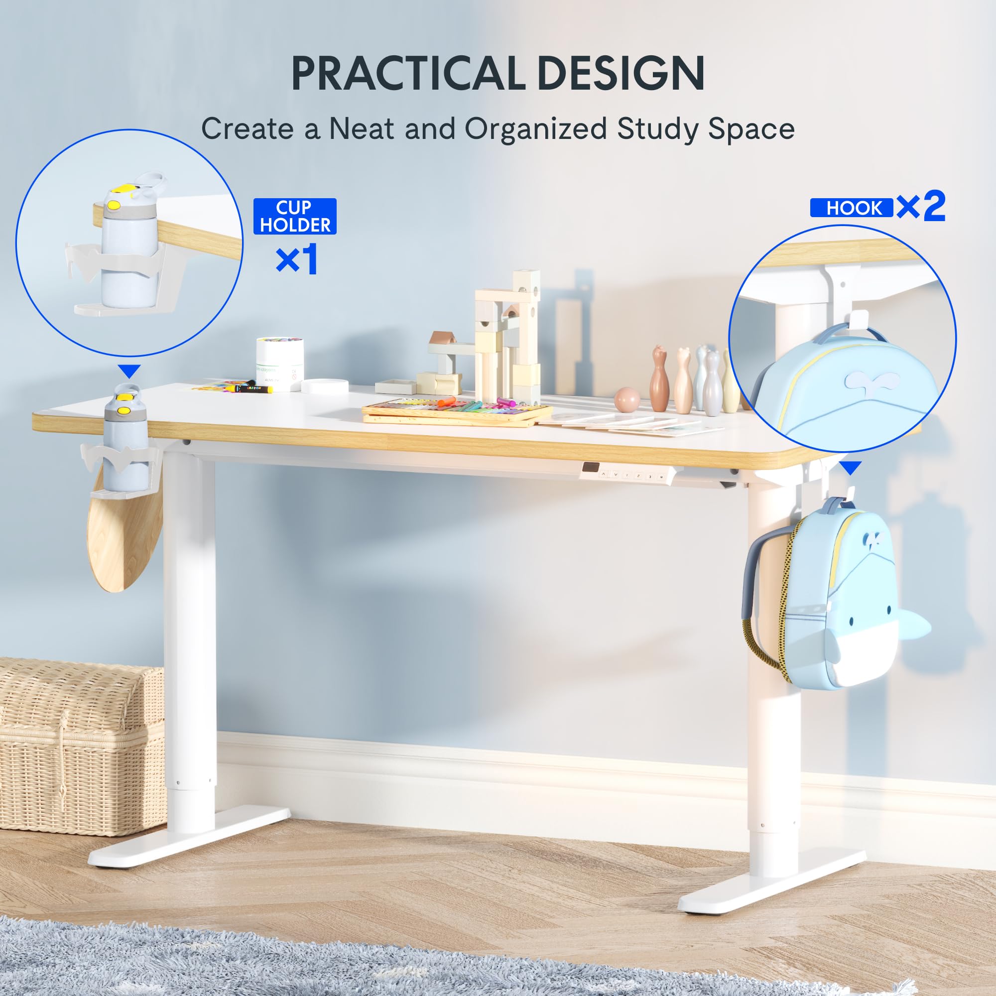 FLEXISPOT Kinderschreibtisch elektrisch höhenverstellbar mit LED-Höhenanzeige 3 Speicherplätzen Kindersicherung 110 x 52 cm