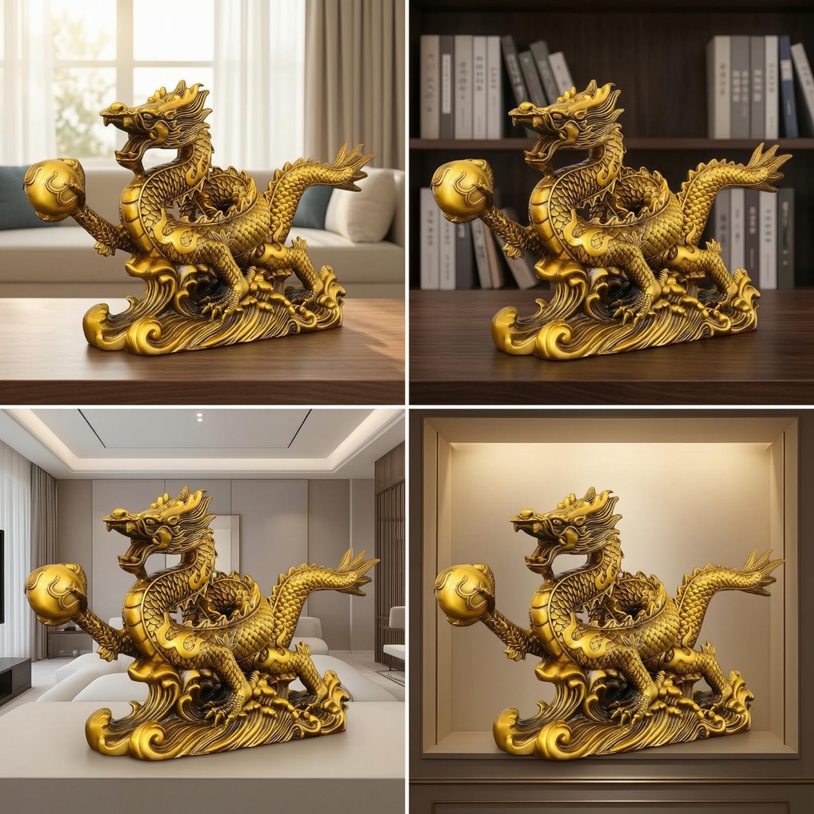 Perfeclan Escultura Decorativa Dragón Estatua Figura Adorno de Mesa en Latón Tallado a Mano Apariencia Tridimensional Abierta y Piel Detallada Adecuada para, 100 Cm