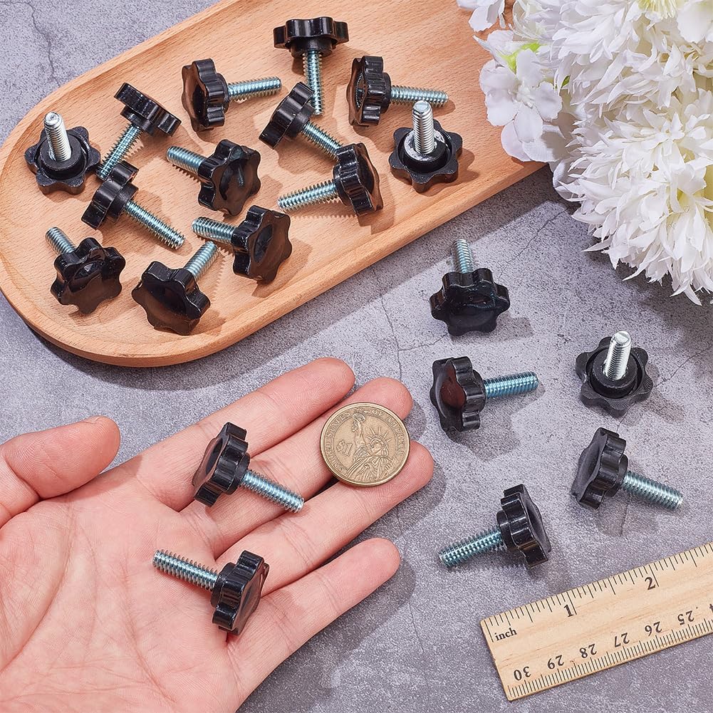 20Pcs 1/4 Inch 20 Star Knobs Threaded Knob Bulk with Bolts Plastic 6 Star Shaped Nut Clamping Male Handle Clamping Hand Tightening Screw for Umbrella Base Lawn Mower Replacement Jigs Clamps